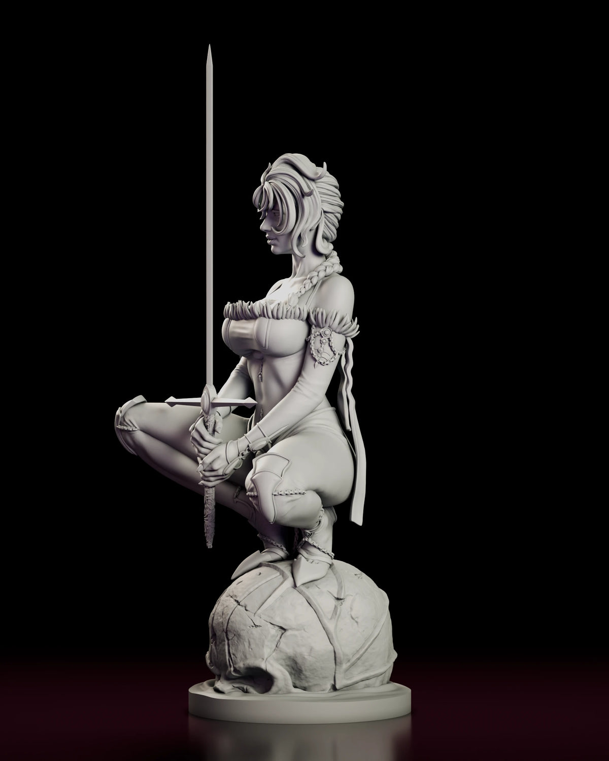 Left side view of The Mad Cat figure model kit showing the braid over the shoulder and the sword held vertically against the body