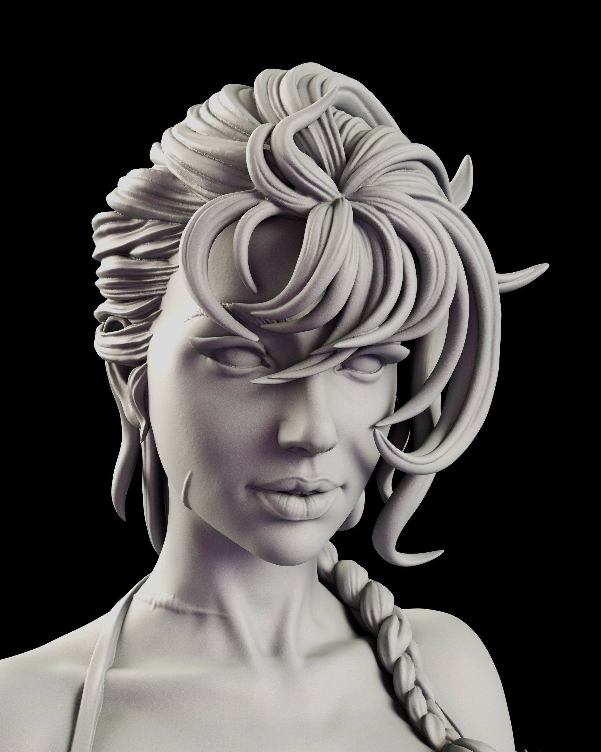 Portrait of The Mad Cat figure model kit showing the swept-back hair, the curved lock across one eye and a faint smile beneath half-lidded eyes