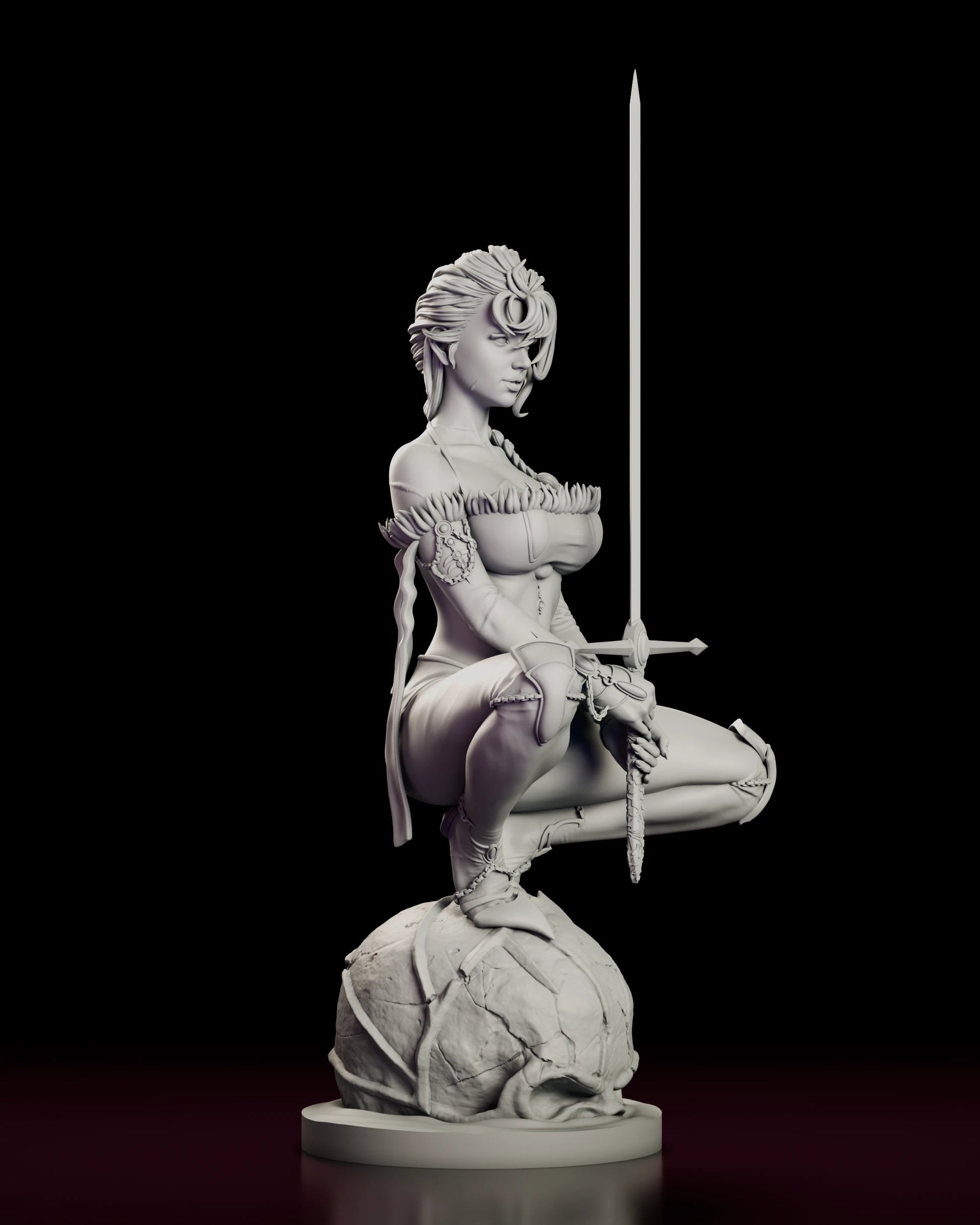 Right side view of The Mad Cat figure model kit showing the depth of the crouch, the knee cap and the sutured cranium of the skull beneath her
