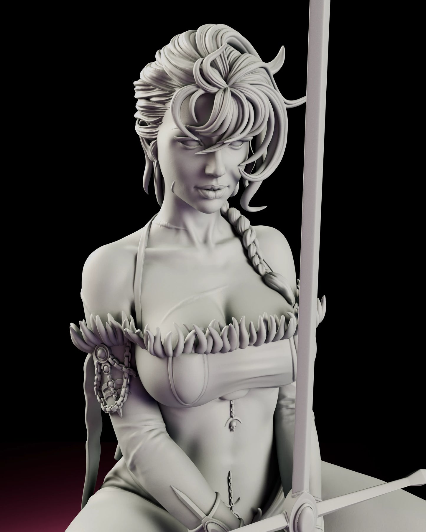 Upper body detail of The Mad Cat figure model kit showing the claw-edged band, the chain and spike ornaments at the upper arm and both hands closed on the sword grip