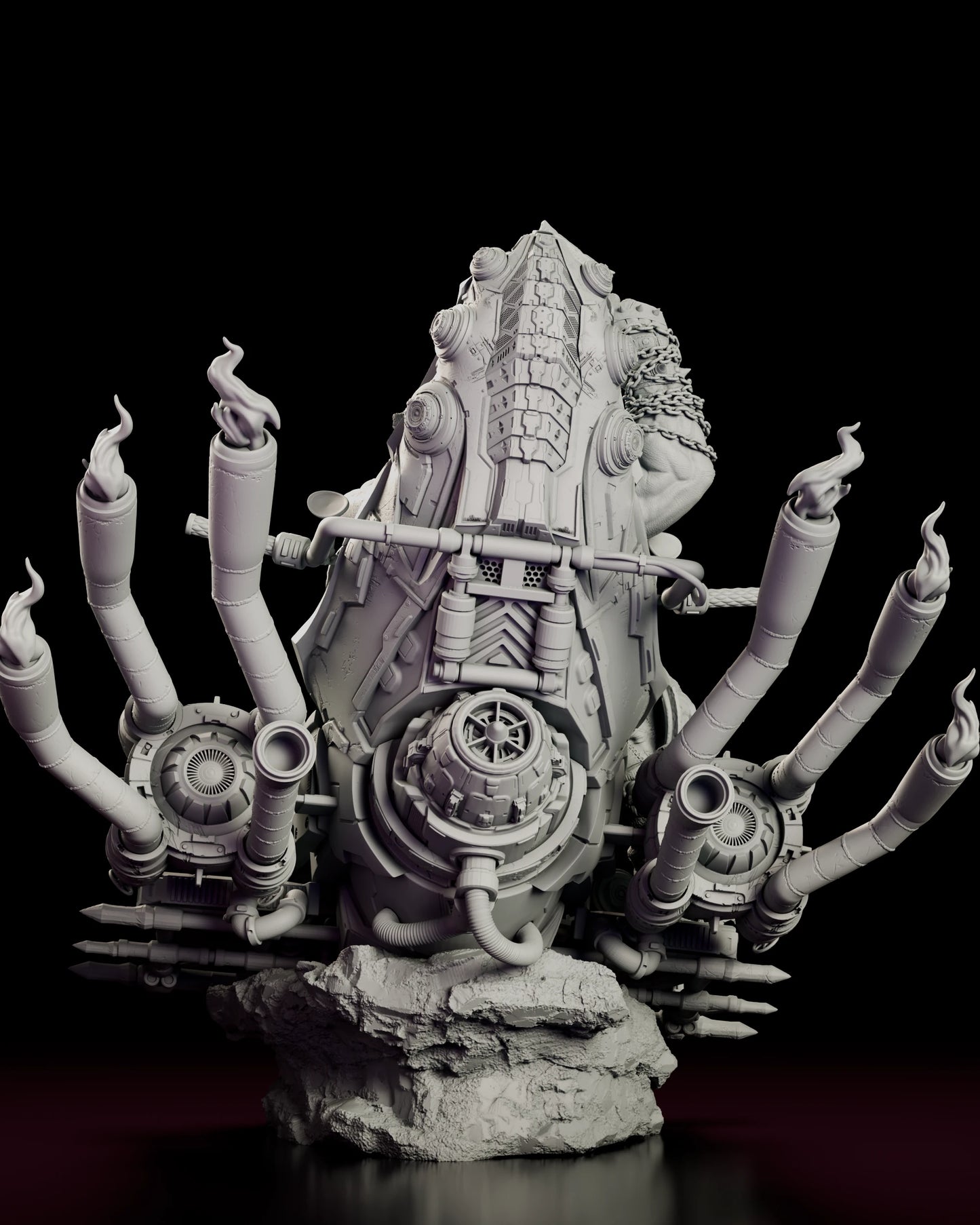 Rear view of the Main Man Lobo figure model kit, showing the eight flame-tipped exhaust stacks fanned out above the engine and handlebars.