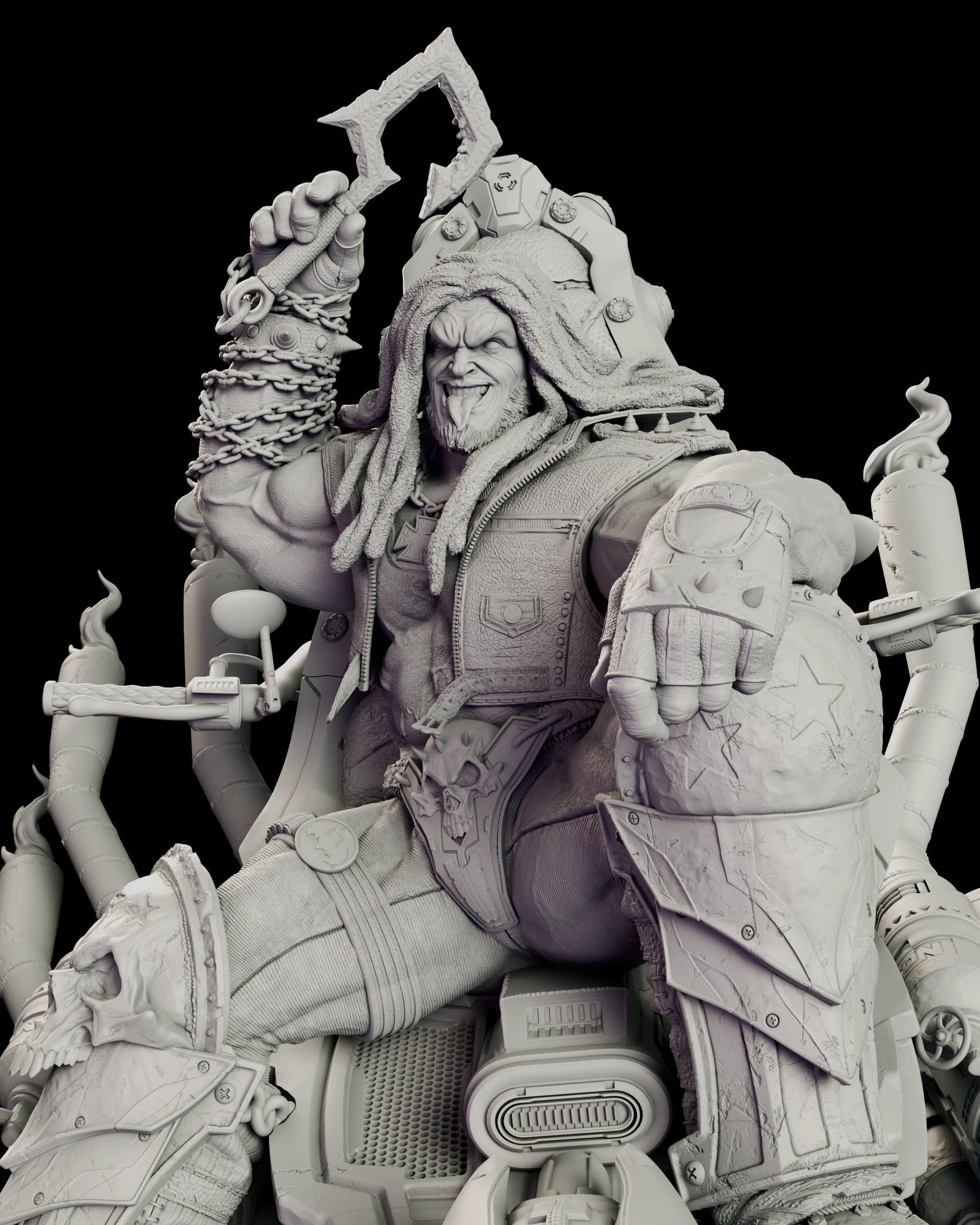Upper body detail of Lobo raising a bladed hook overhead with heavy chain wound down his forearm, an iron cross hanging over his open leather vest.
