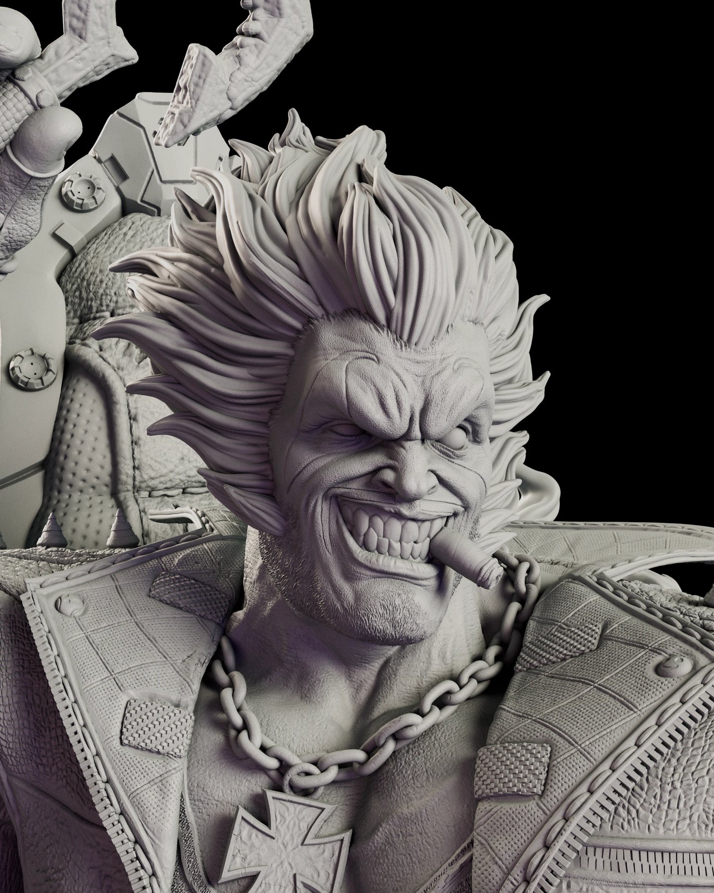 Close portrait of the alternate Lobo head with swept-back hair and a cigar clamped in a wide grin.