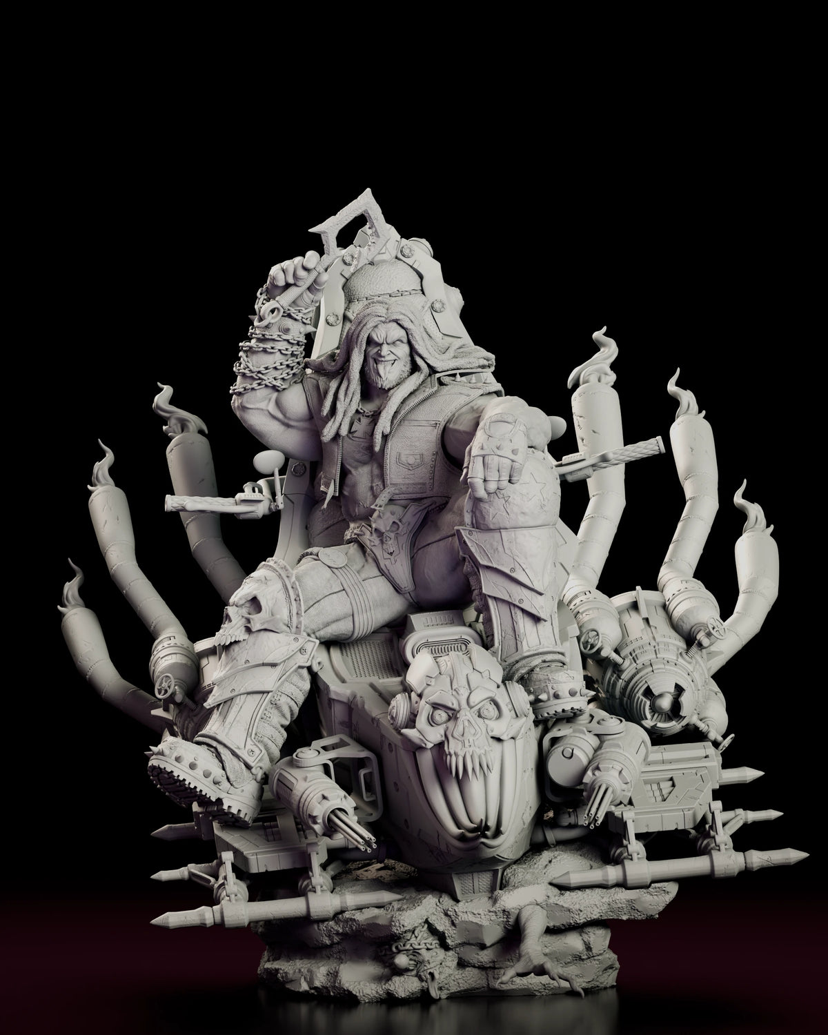 Front view of the Lobo resin figure seated on his bike throne with one boot on a horned skull and exhaust stacks fanned out behind him.