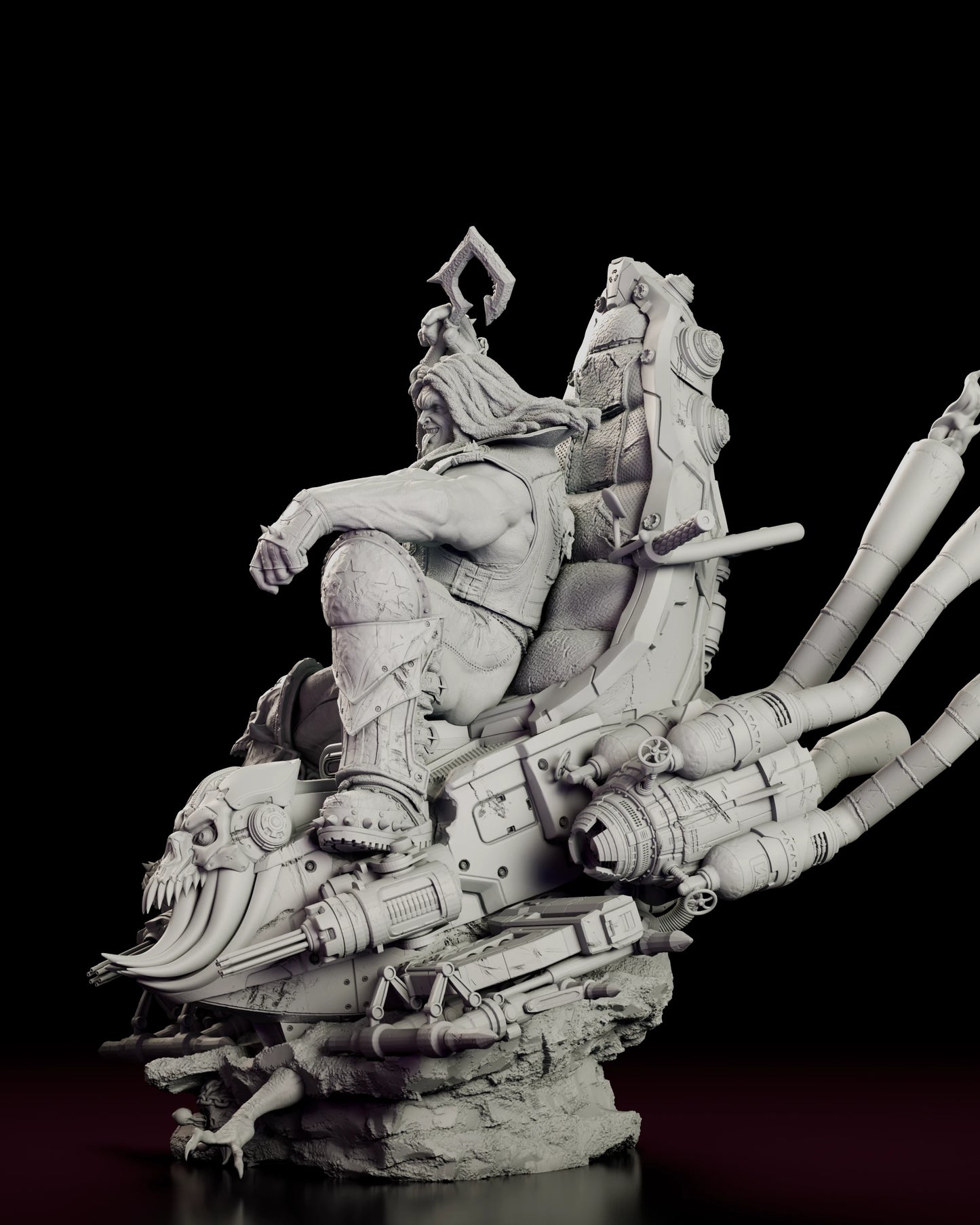 Left side view of the Main Man Lobo figure model kit, showing the tusked front cowl, turbine housings and the rockets scattered across the rocky base.