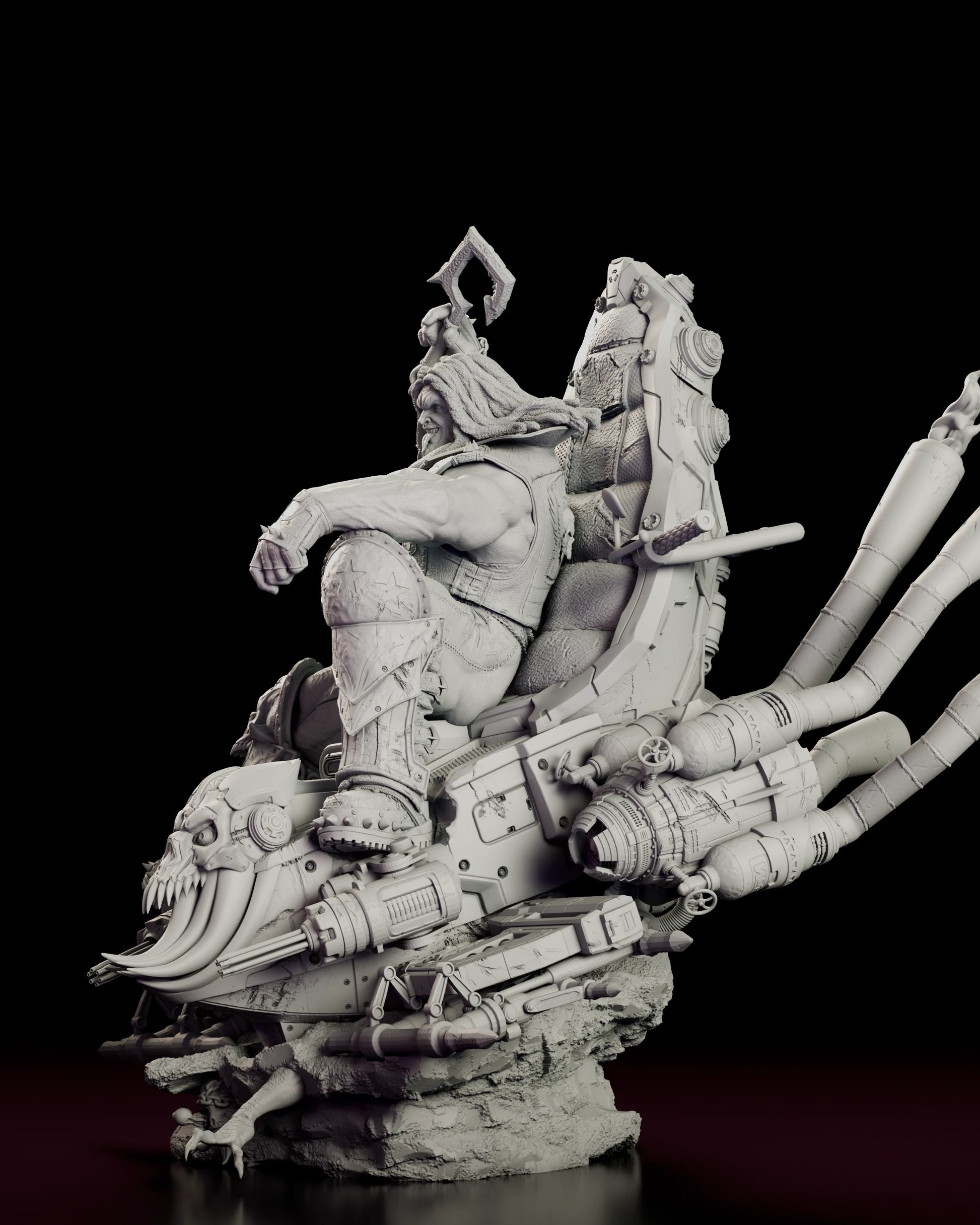 Left side view of the Main Man Lobo figure model kit, showing the tusked front cowl, turbine housings and the rockets scattered across the rocky base.