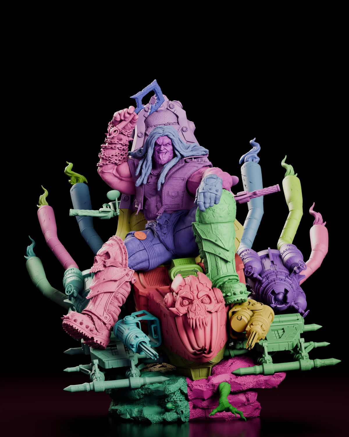 Parts breakdown render of the Main Man Lobo figure model kit, each separately cast component picked out in a different colour.