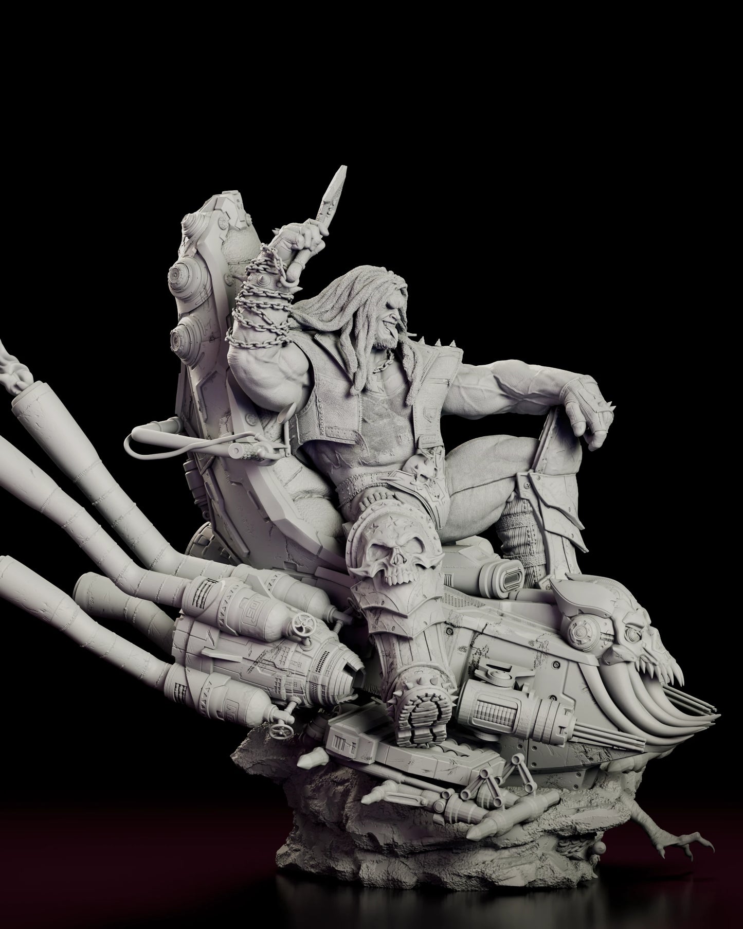 Right side view of the Main Man Lobo figure model kit, showing the fanged skull cowl of the bike and the gun pods slung beneath it.