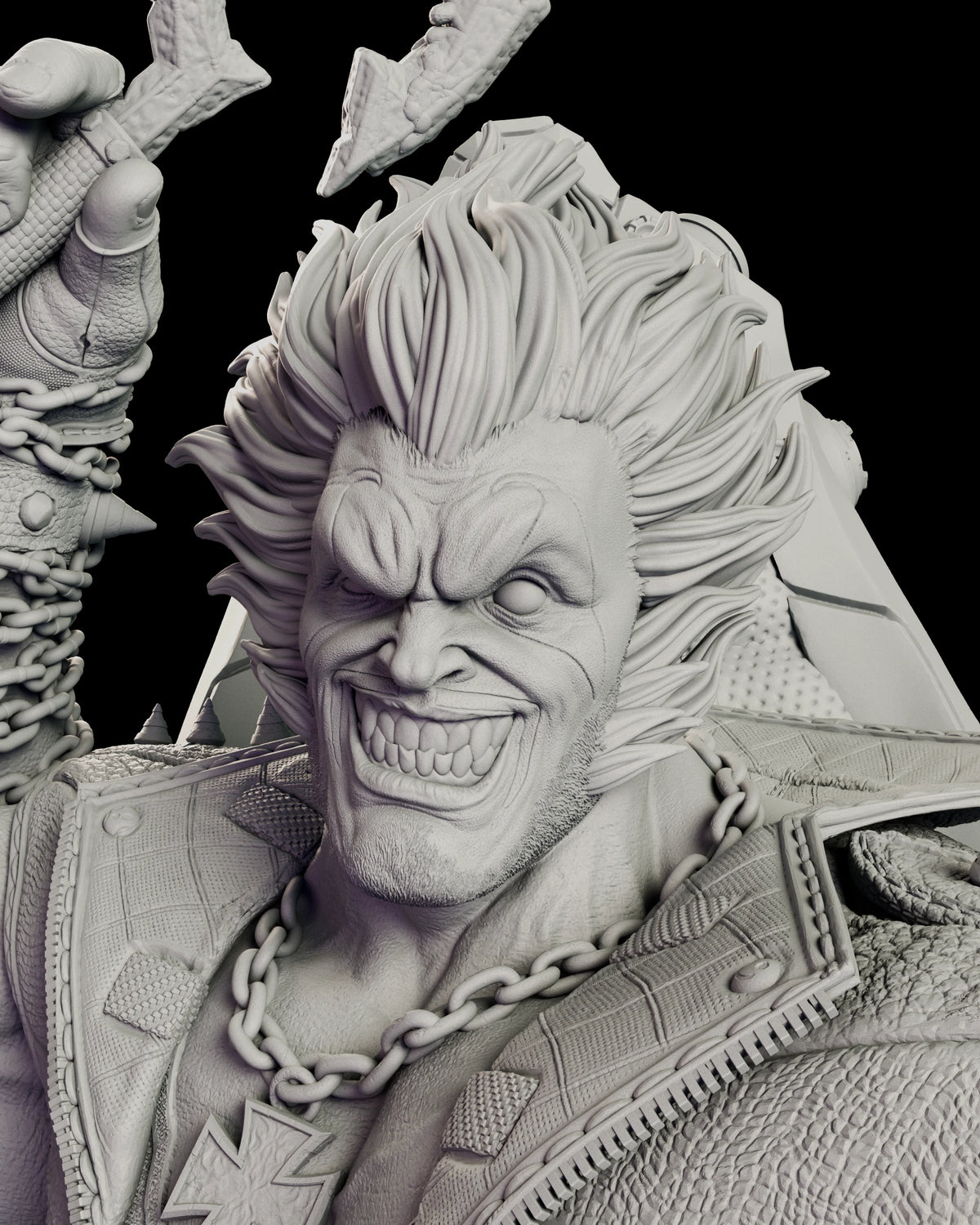 Close portrait of the alternate Lobo head winking through a broad toothy sneer, wild hair swept back from the brow.