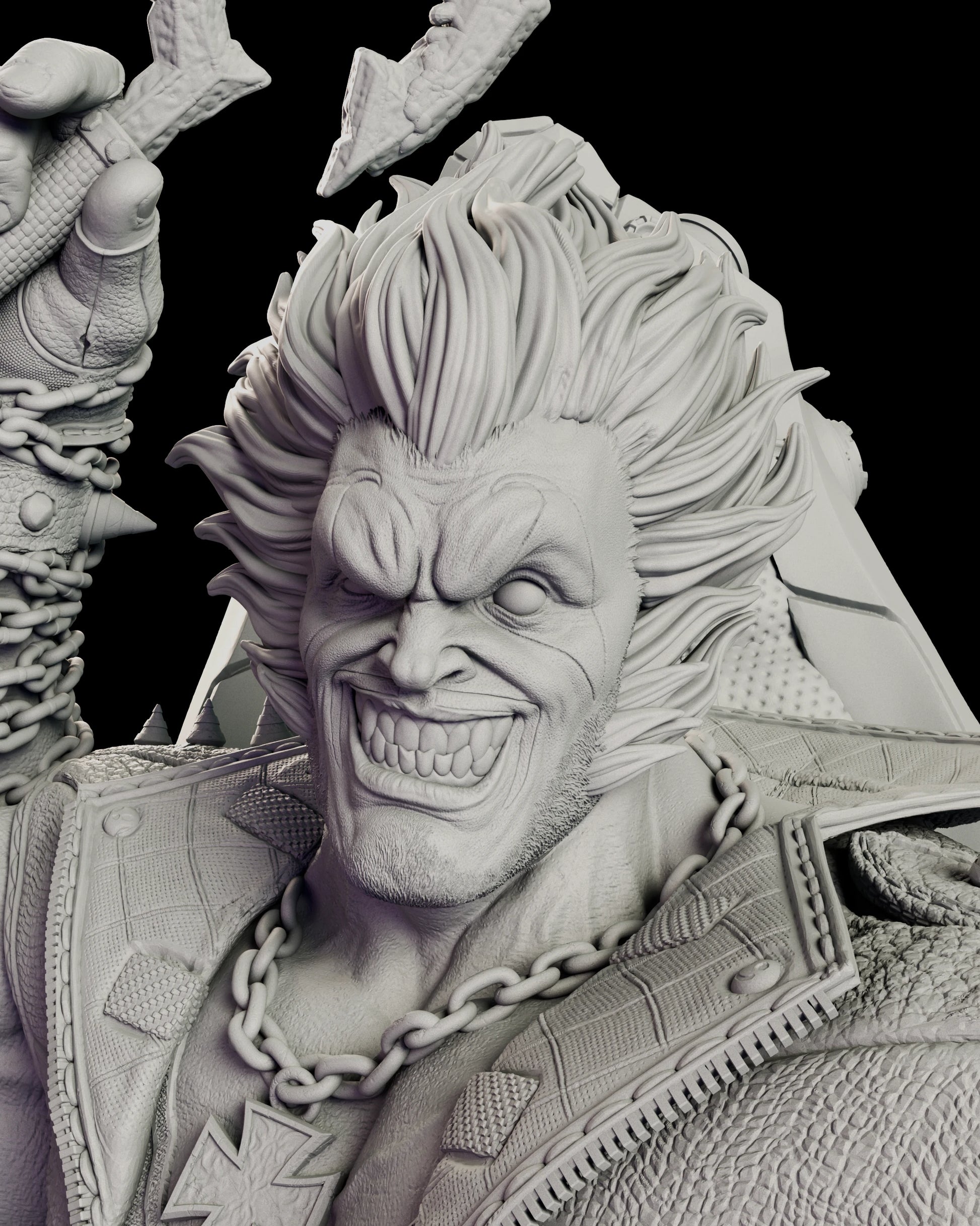 Close portrait of the alternate Lobo head winking through a broad toothy sneer, wild hair swept back from the brow.