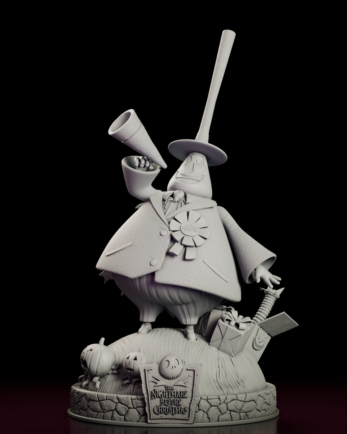 Front view of the Mayor figure model kit mid-announcement with the megaphone lifted and one hand reaching out to the side