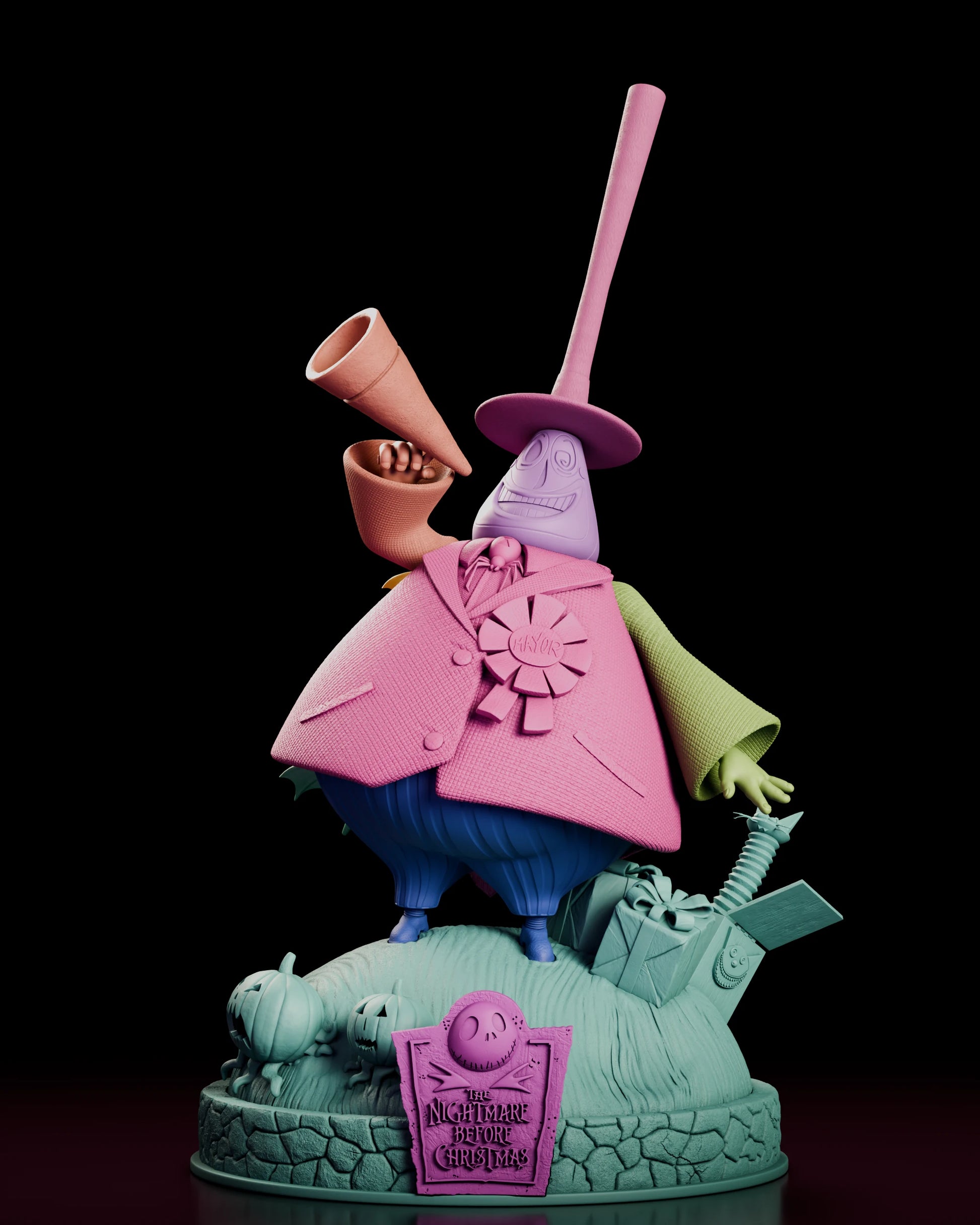 Parts breakdown of the Mayor figure model kit with each component shown in a separate colour for assembly