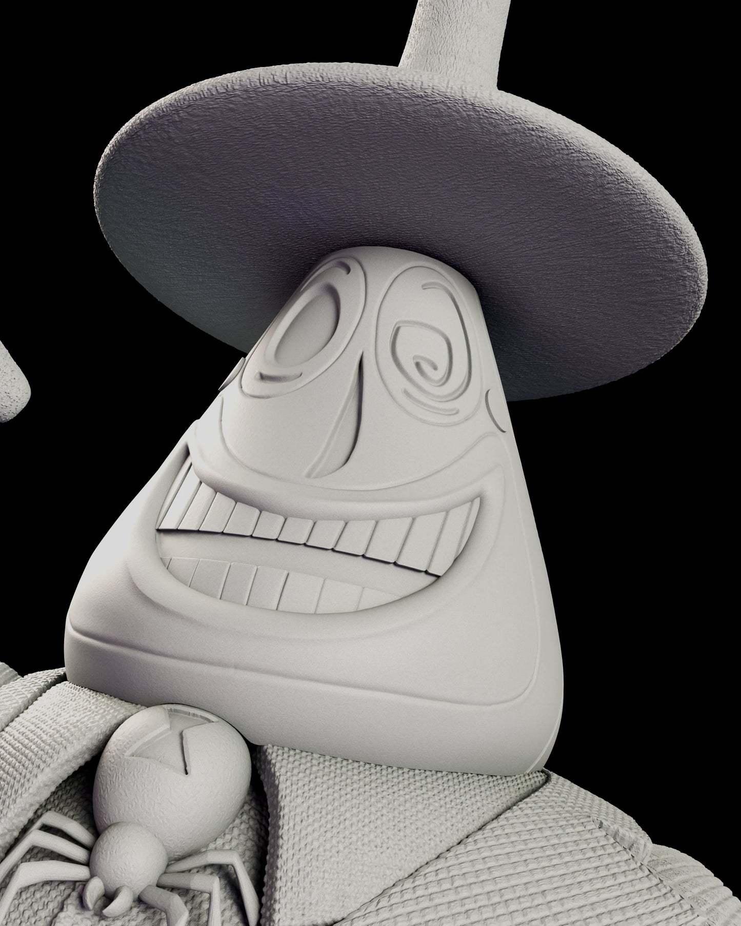 Portrait view of the Mayor on the figure model kit with his banded grin and spiral cheeks beneath the brim of the stovepipe hat