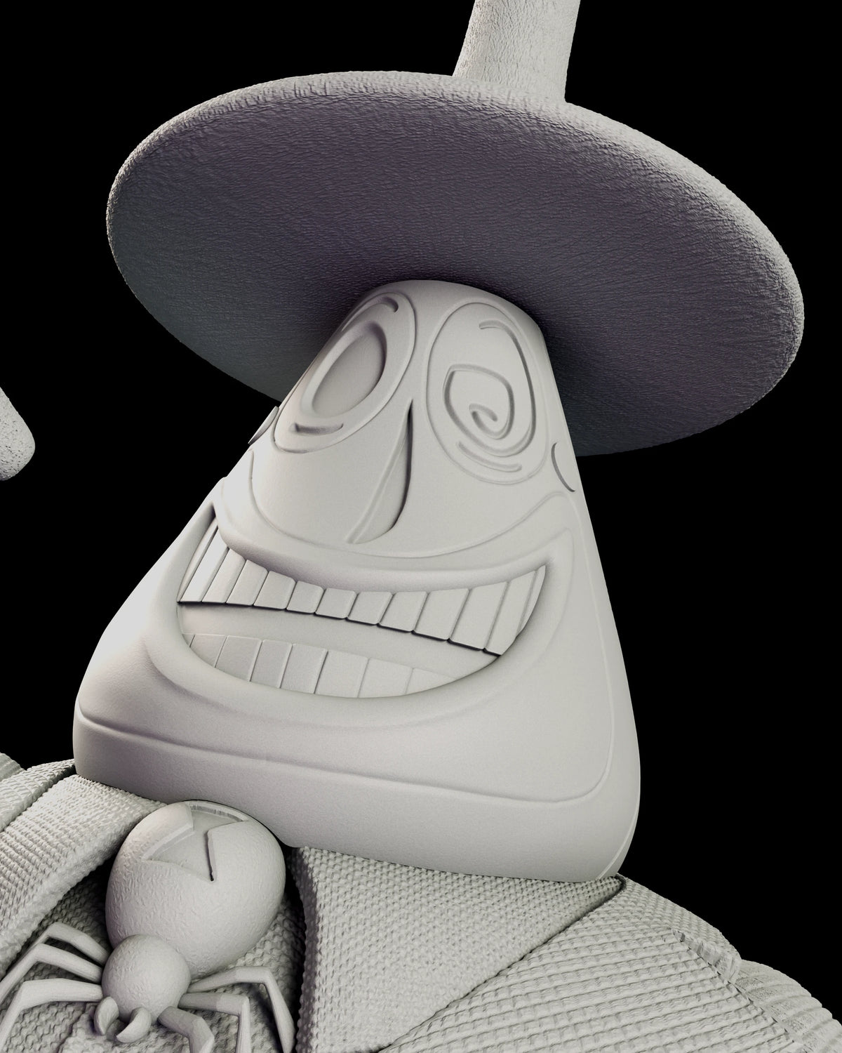 Portrait view of the Mayor on the figure model kit with his banded grin and spiral cheeks beneath the brim of the stovepipe hat