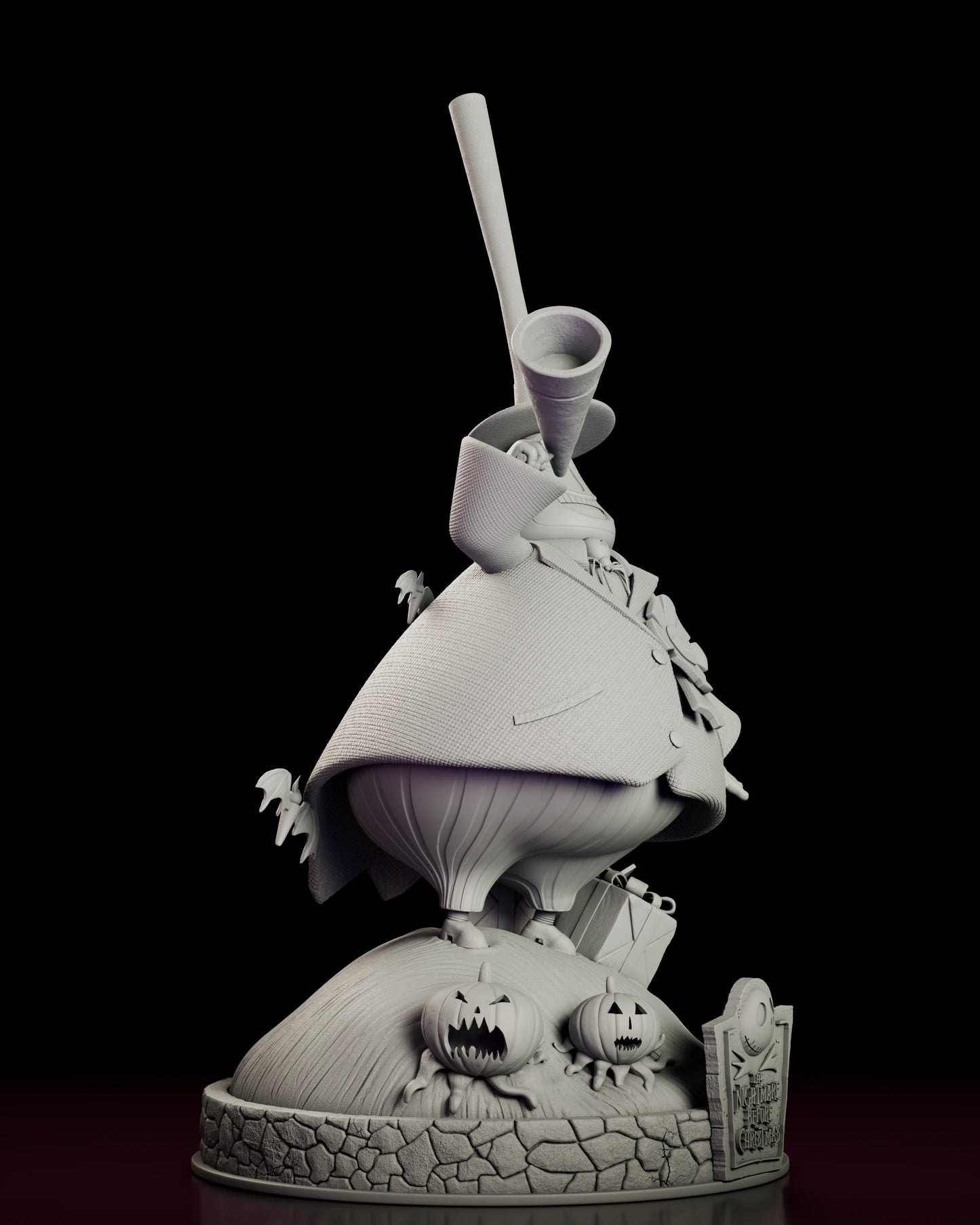 Right side view of the Mayor figure model kit showing the sweep of the coat and the ribbed trousers beneath it