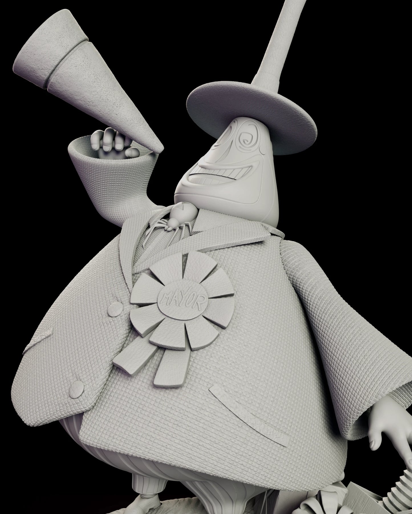 Close detail of the Mayor figure model kit showing the MAYOR rosette on his lapel, the spider at his collar and the waffle weave worked across the coat