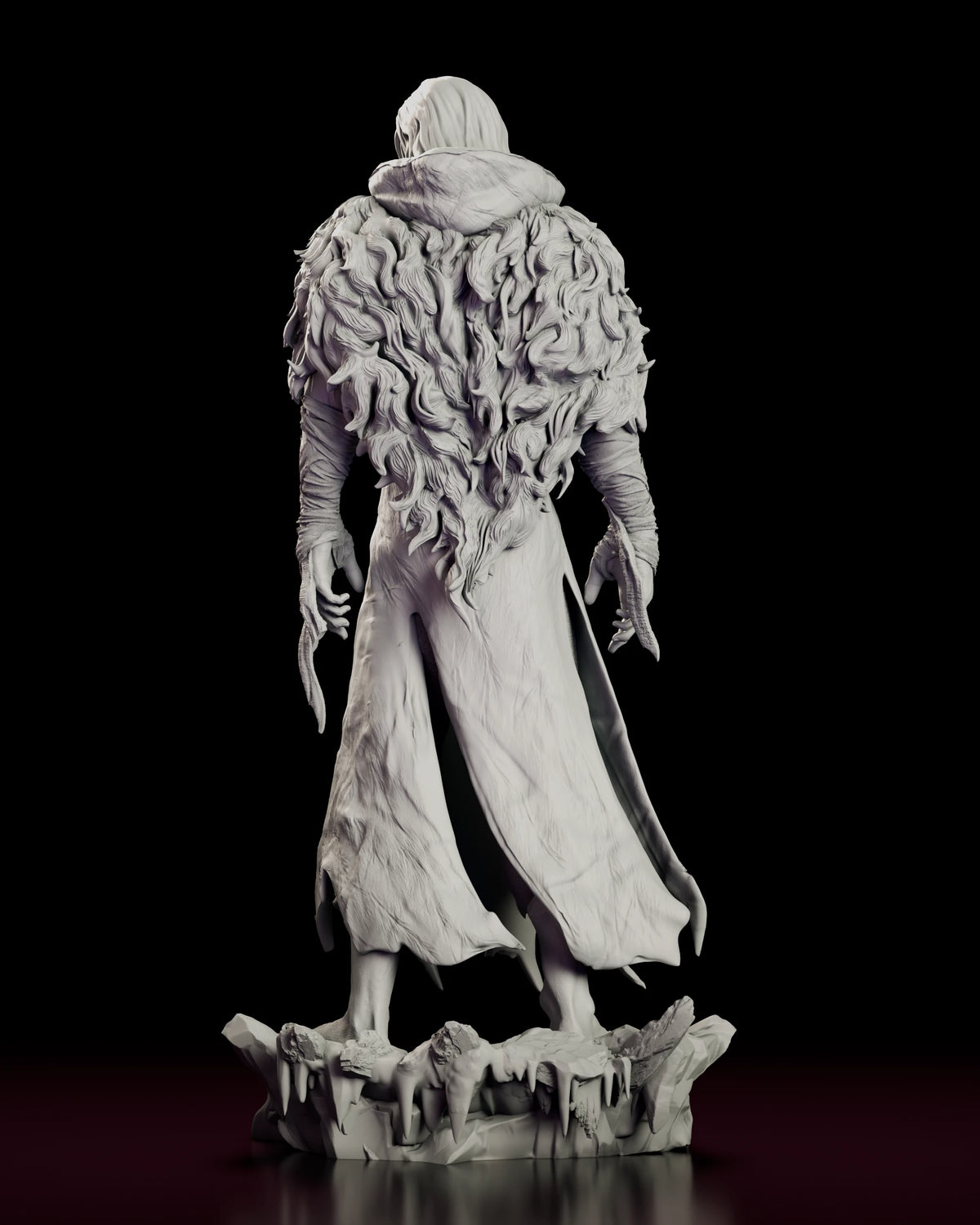 Rear view of the Frankenstein's Monster figure model kit showing the mounded fur mantle and the ragged coat falling to the broken base