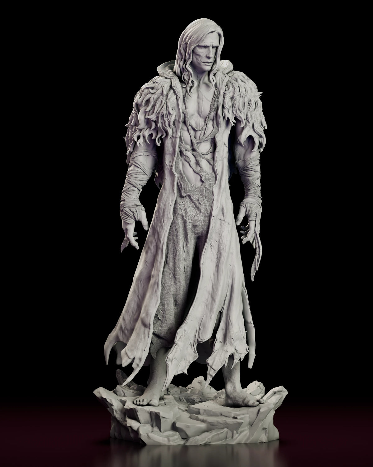 Front view of the Frankenstein's Monster figure model kit showing the shaggy fur mantle, wrapped forearms and bare feet on the shattered slab base