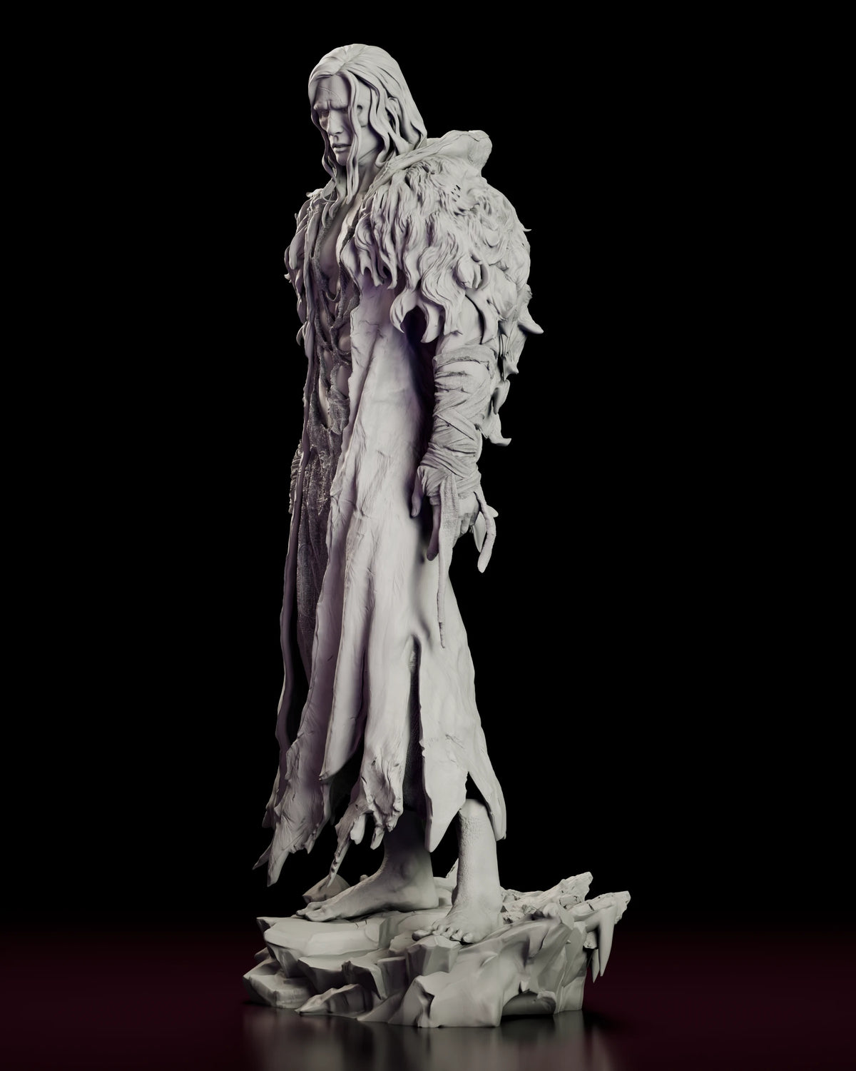 Left side view of the Frankenstein's Monster figure model kit showing the wound cloth on the forearm and the open hanging hand