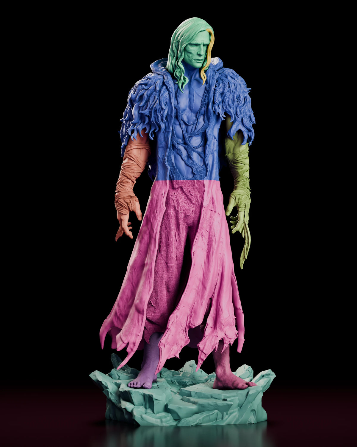 Parts breakdown render of the Frankenstein's Monster figure model kit with each separate component shown in a different colour