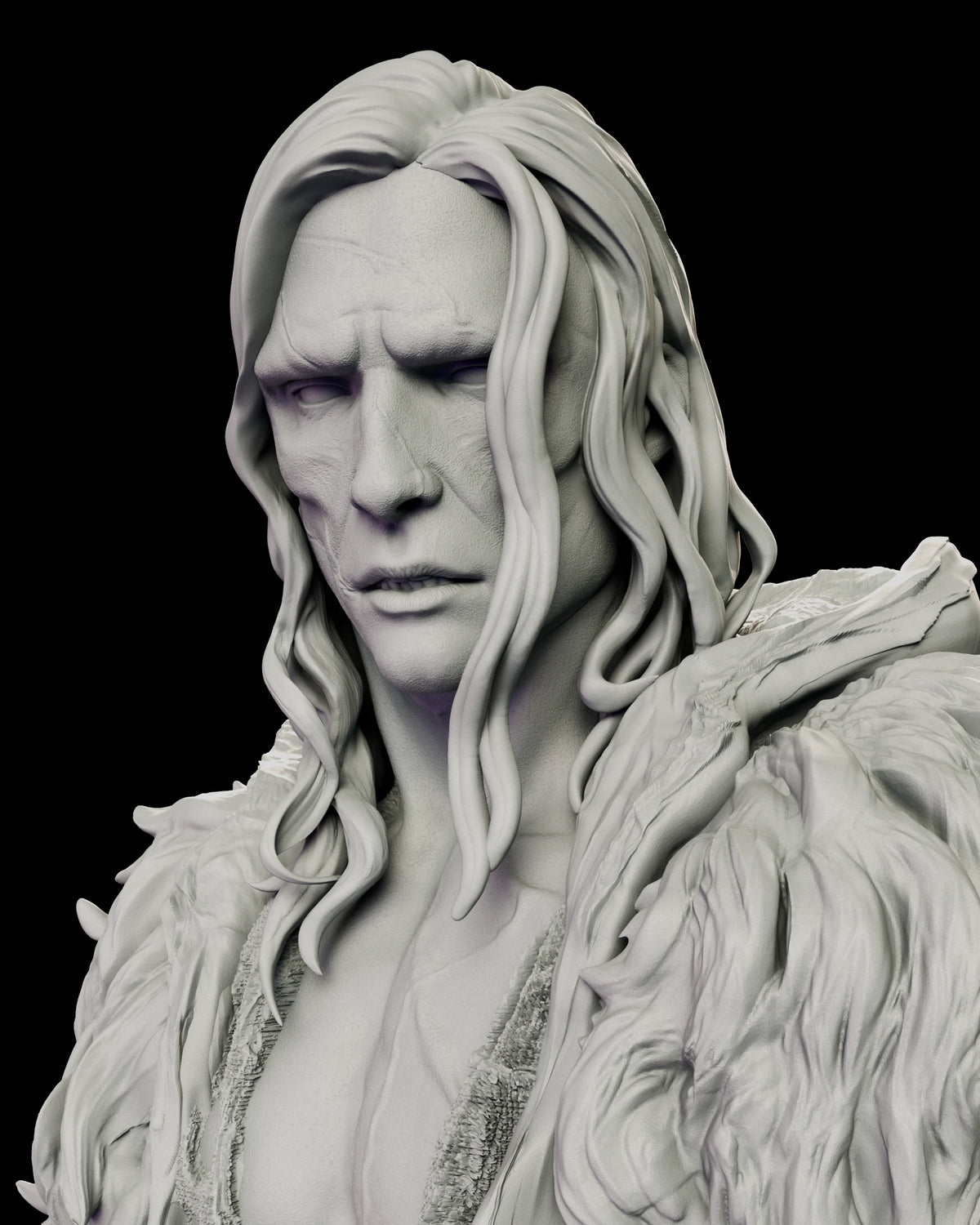 Head study of the Creature showing long waved hair, a sorrowful brow and fine stitch scars traced across the forehead and cheek