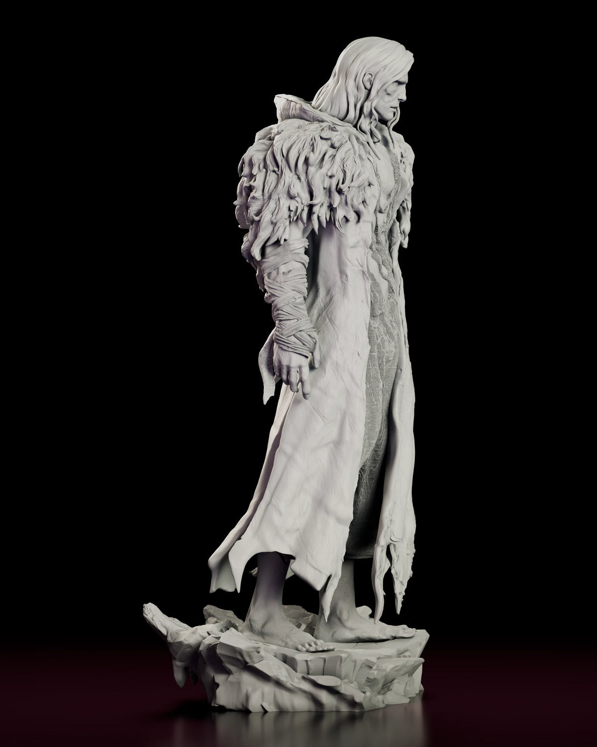 Right side view of the Frankenstein's Monster figure model kit showing the torn hem of the coat and the fall of the fur across the shoulder