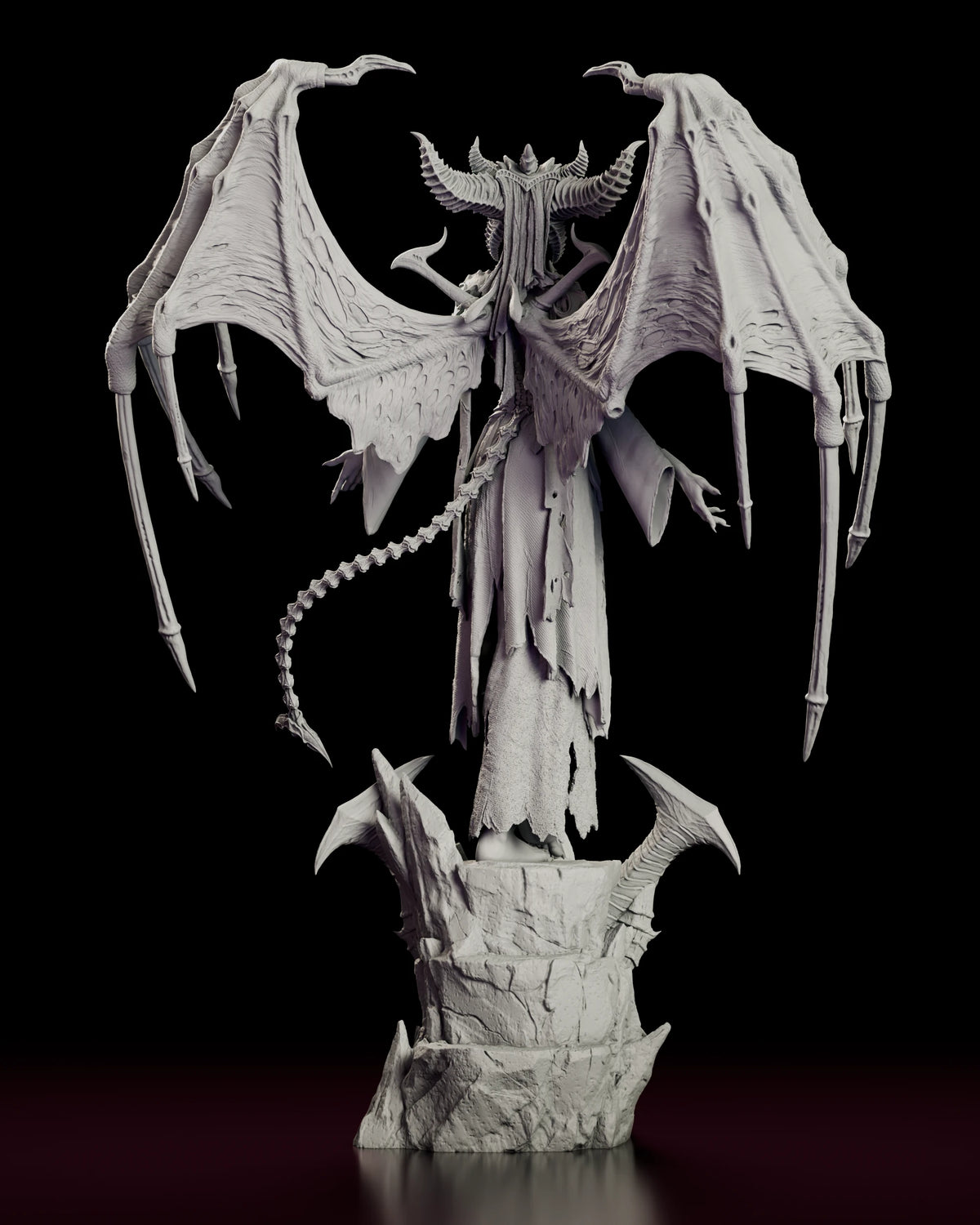 Rear view of the Lilith figure model kit showing the veined wing membranes and the ragged train of the gown down to the base