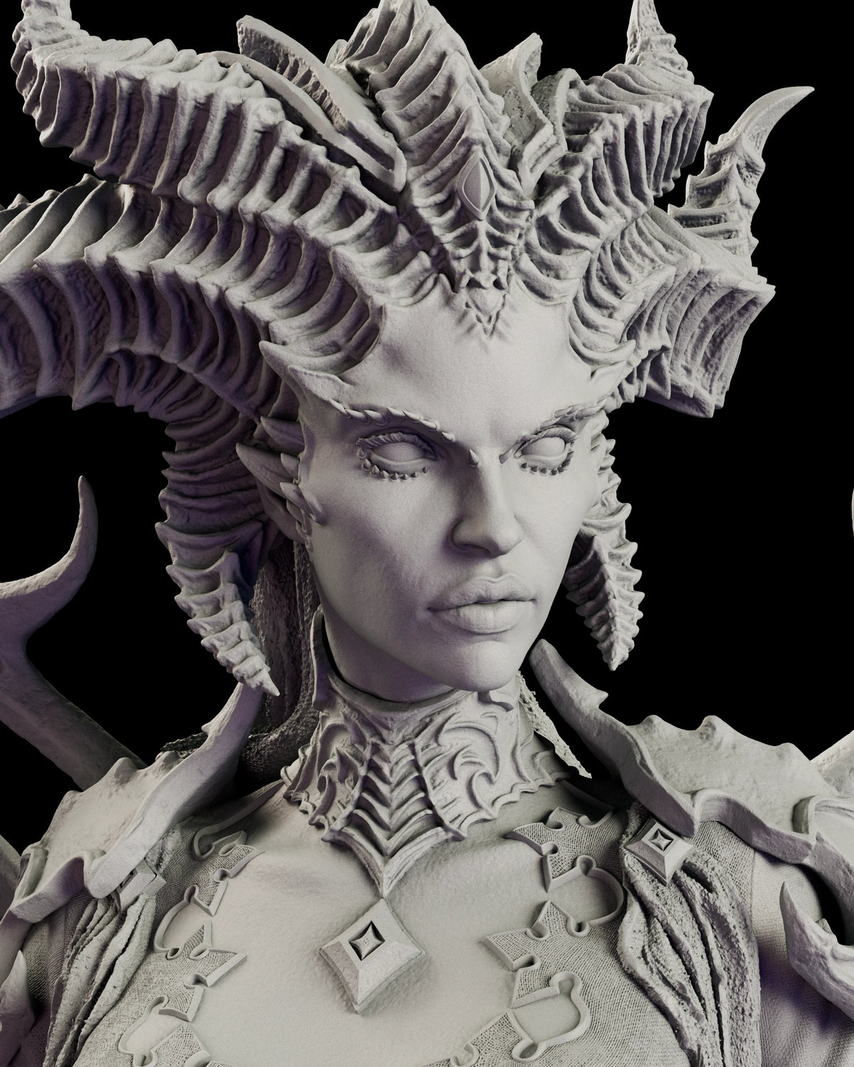 Head study of Lilith showing the swept crown of ribbed horns above a serene pale face with blank eyes and a scaled collar at the throat