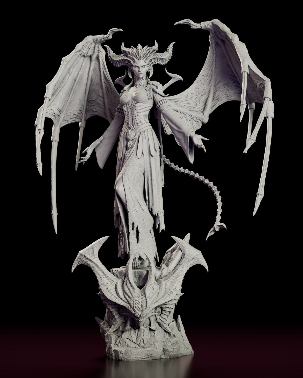 Front view of the Lilith figure model kit showing the full wingspan, the slit ragged gown and the spired base beneath her