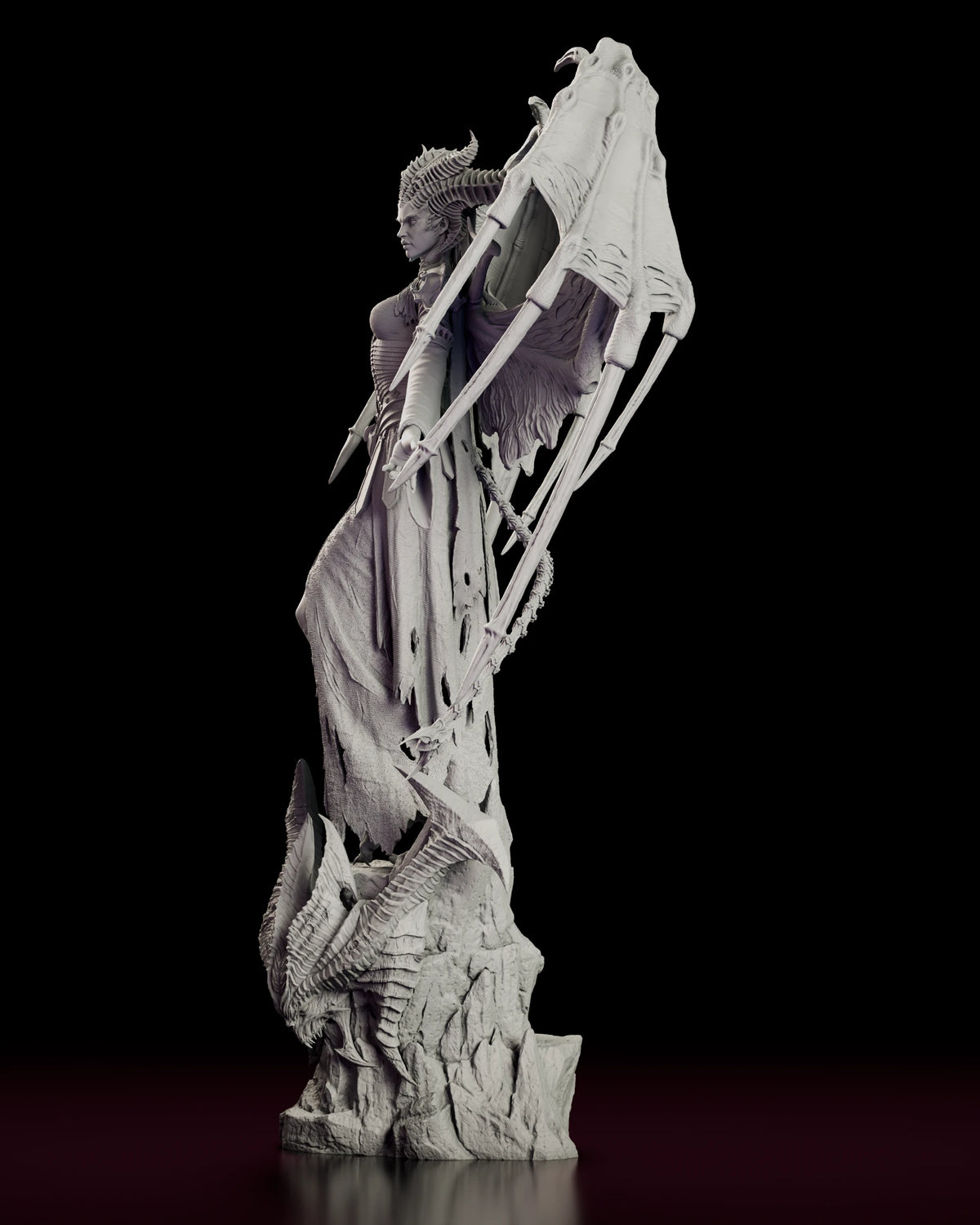 Left side view of the Lilith figure model kit showing the clawed wing fingers and the fall of the sleeve from her lowered hand