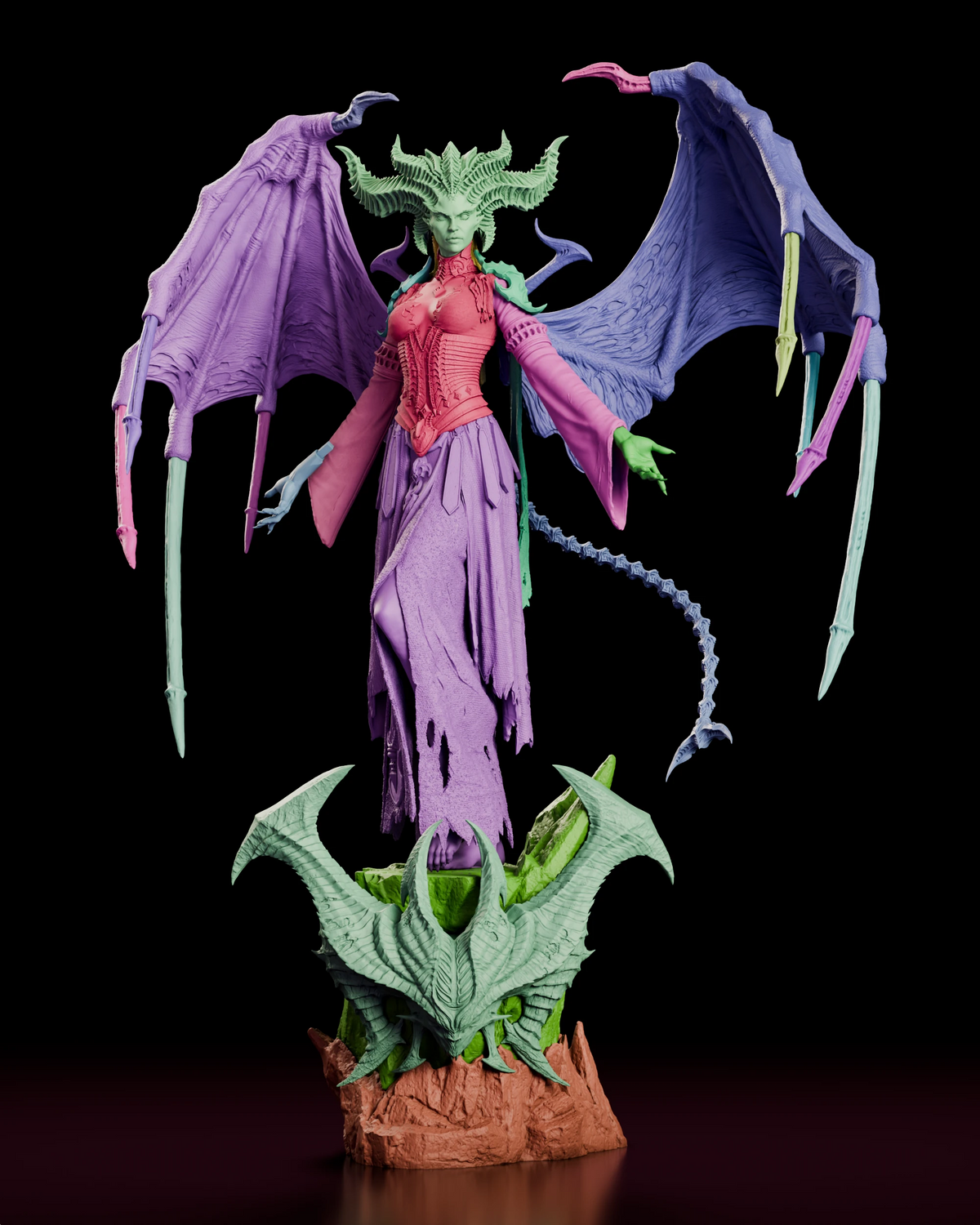 Parts breakdown render of the Lilith figure model kit with each separate component shown in a different colour