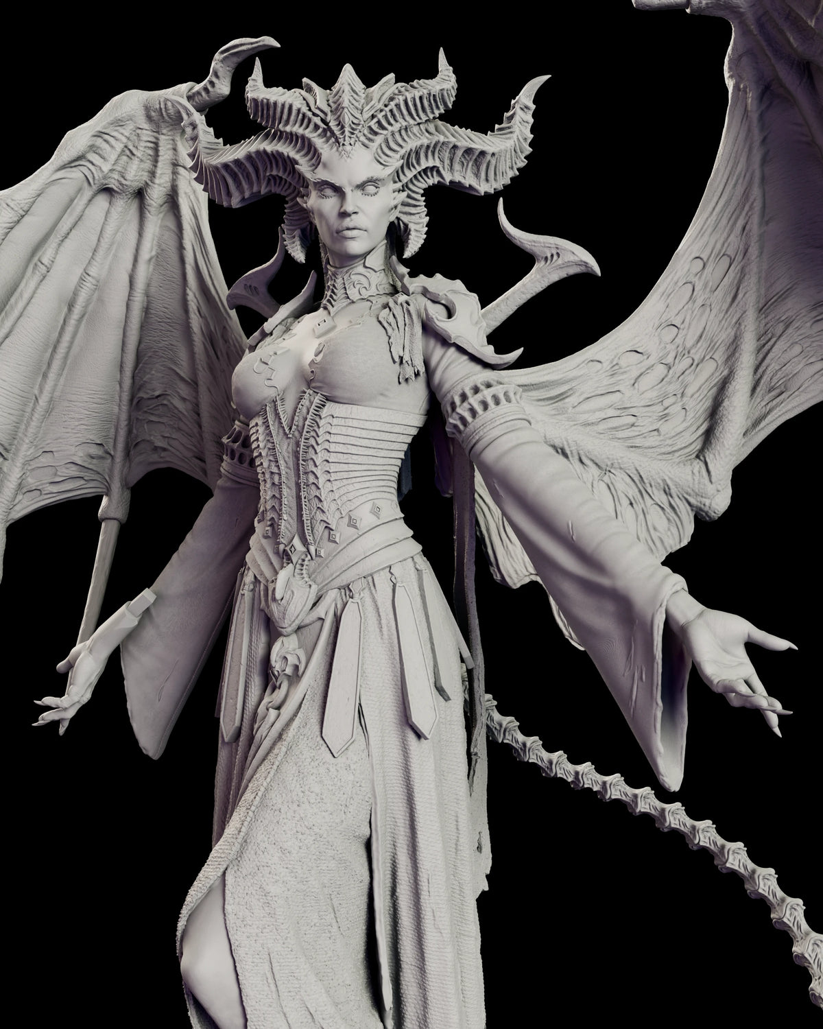 Upper body detail of Lilith showing the ribbed corset, studded waist band, bladed shoulder guard and the wide draping sleeves at her lowered hands