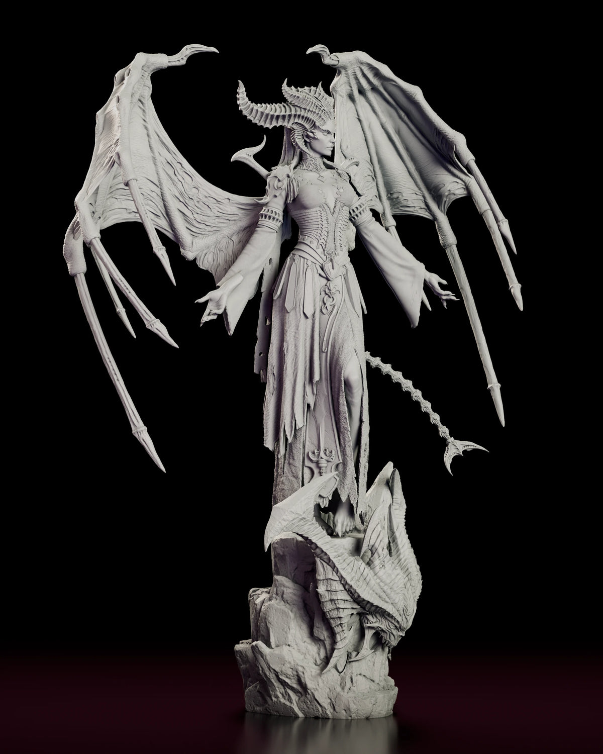 Right side view of the Lilith figure model kit showing the segmented barbed tail sweeping out behind the trailing hem