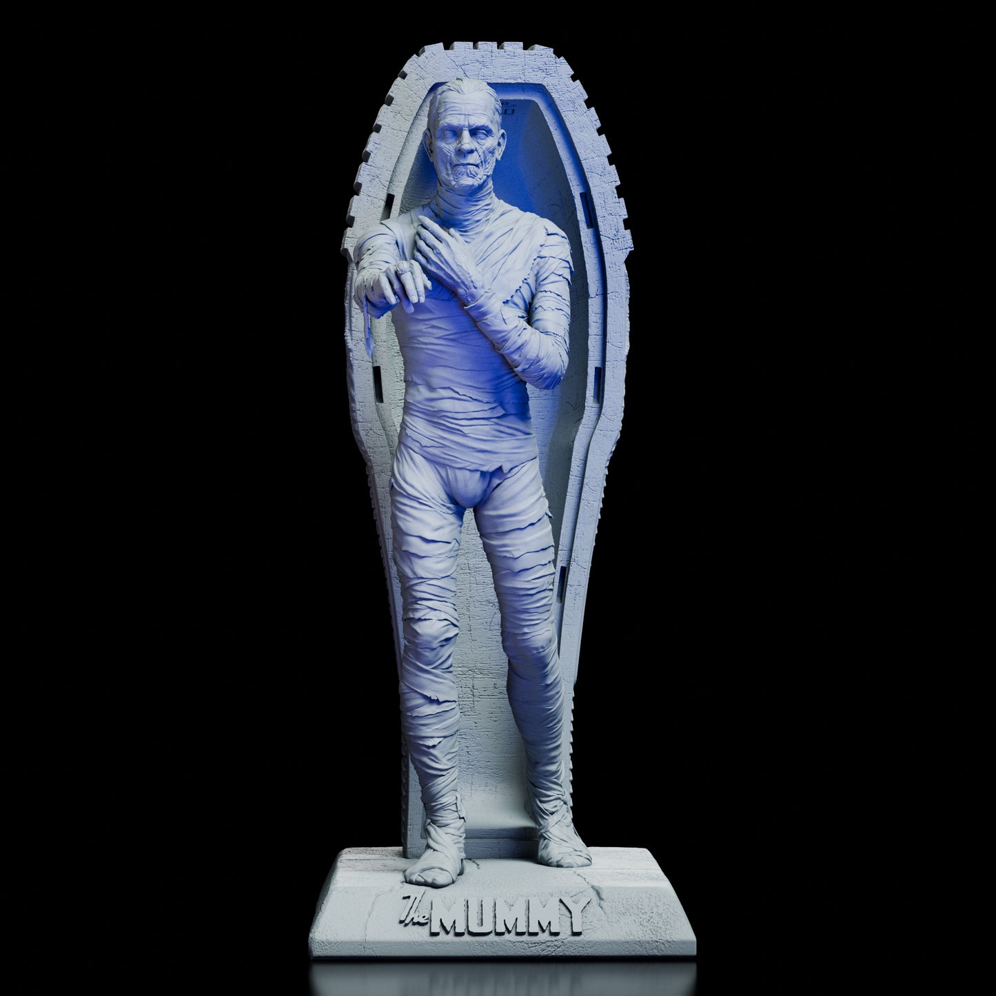 Mummy figurine standing in front of a sarcophagus on a black background