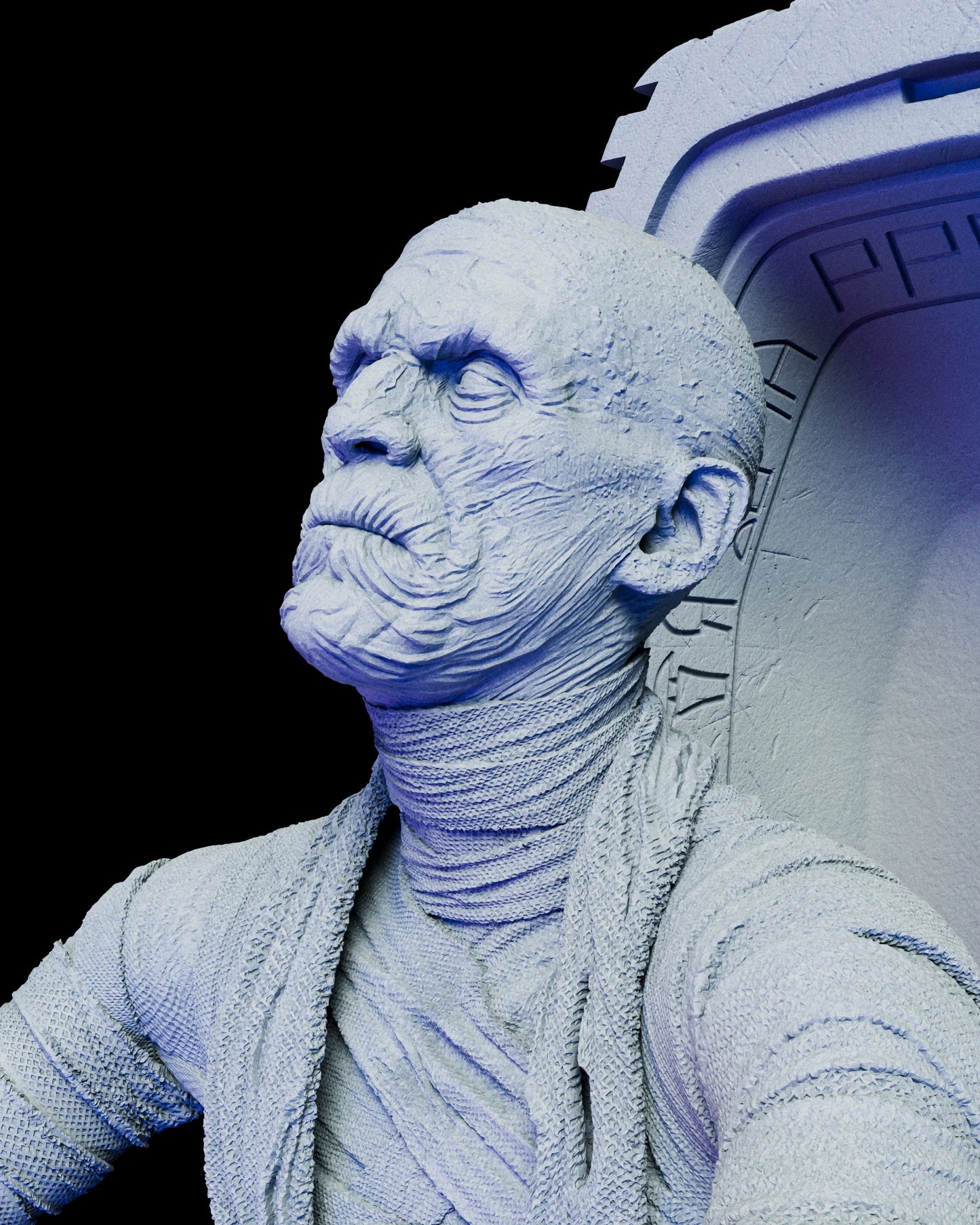 Close-up of The Mummy diorama figure kit showing Boris Karloff’s detailed likeness with textured bandages and intense expression