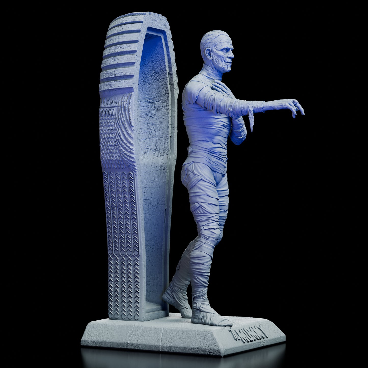 Right profile of The Mummy Maquette Kit with sarcophagus texture and horror stance
