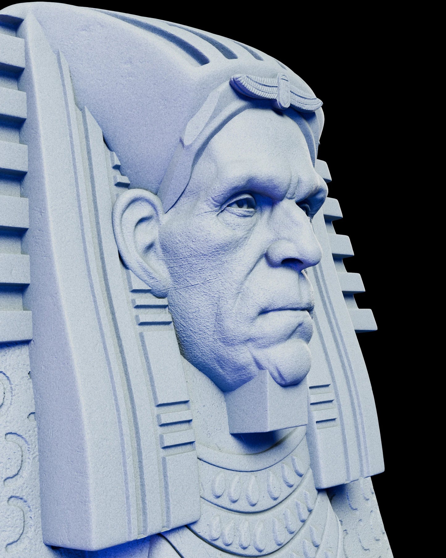 Detailed view of The Mummy diorama sarcophagus featuring Boris Karloff’s likeness sculpted with ornate Egyptian headdress and textures