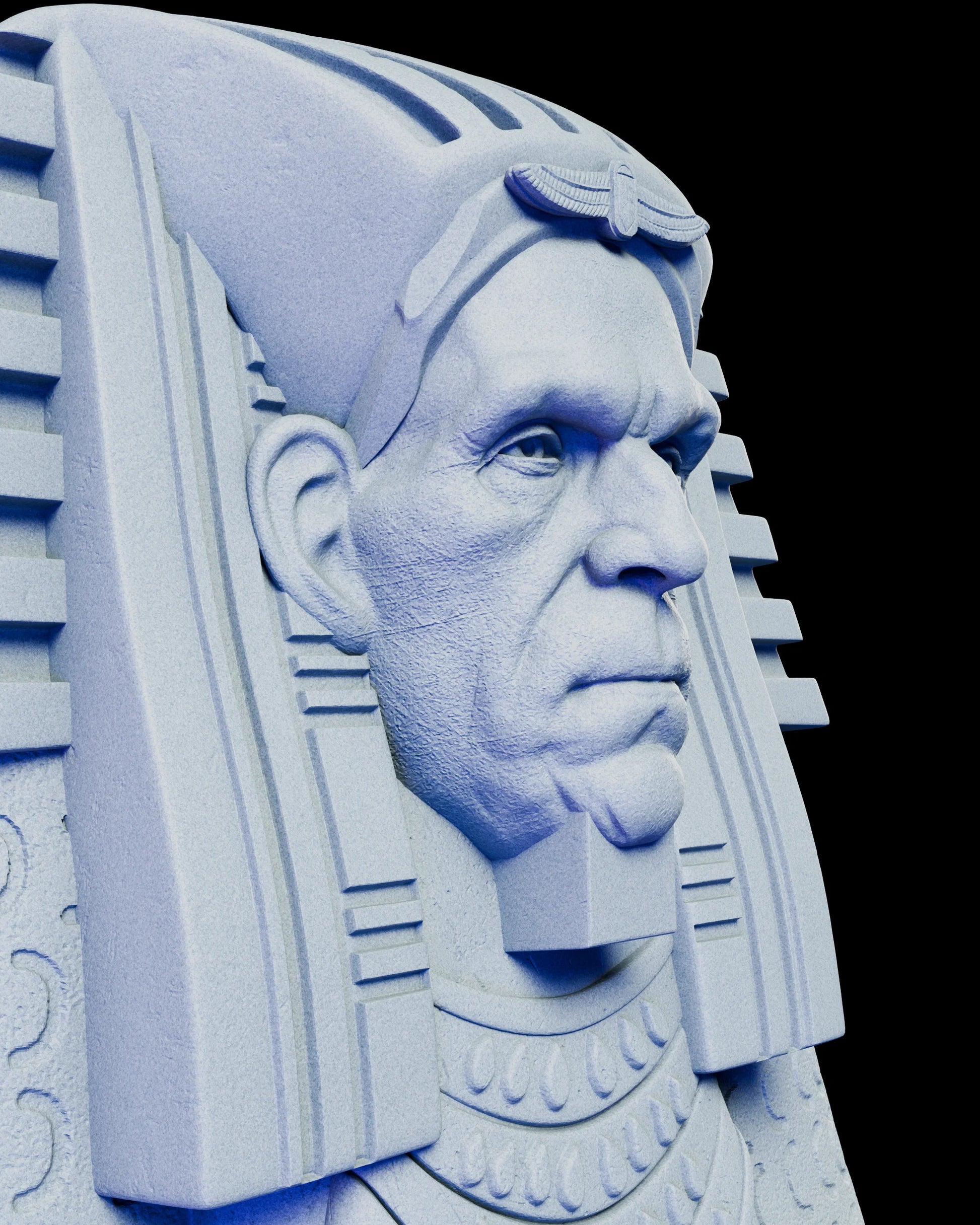 Detailed view of The Mummy diorama sarcophagus featuring Boris Karloff’s likeness sculpted with ornate Egyptian headdress and textures