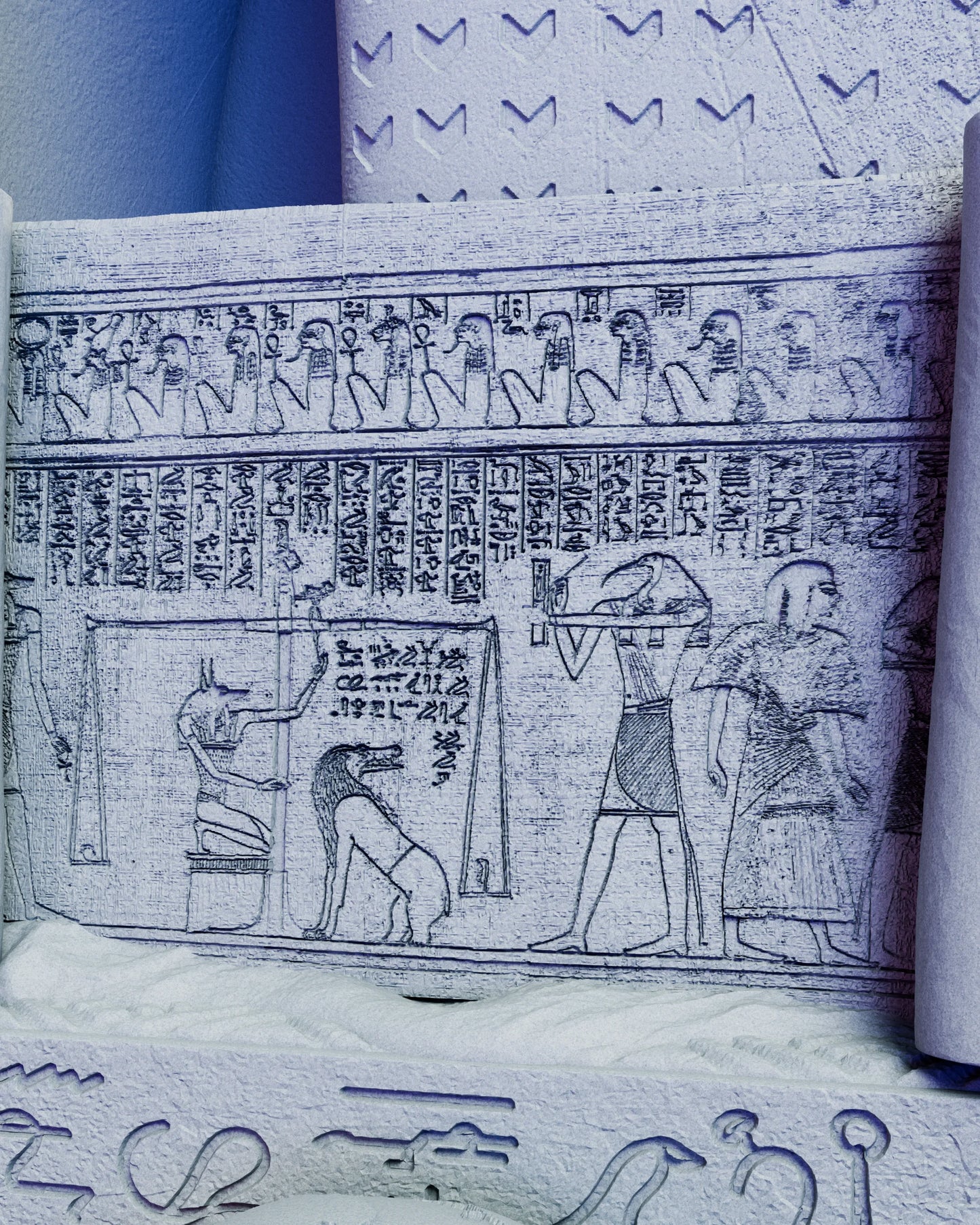 Close-up of the base of The Mummy diorama displaying intricate hieroglyphics and carved Egyptian scene with Anubis and figures