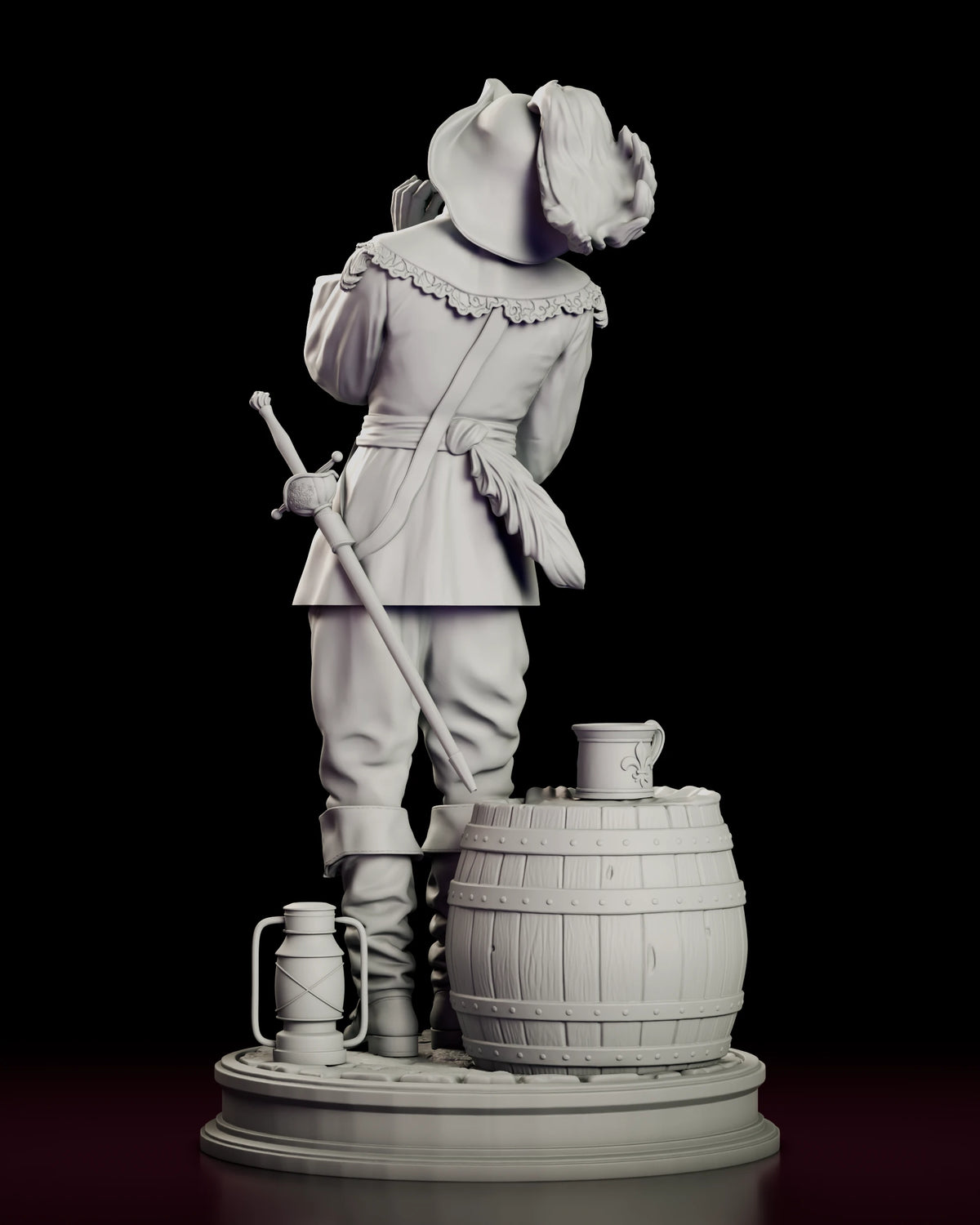 Rear view of the Musketeer figure model kit showing the knotted sash, the slung rapier and the barrel and lantern on the base