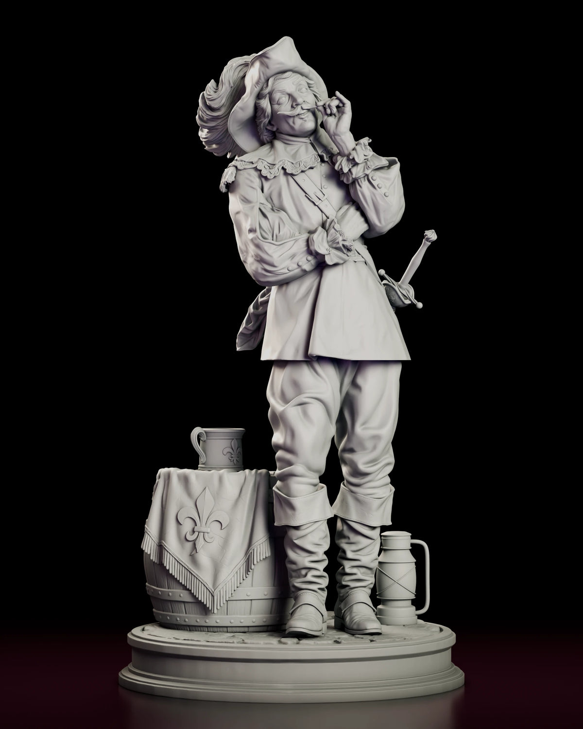 Front view of the Musketeer figure model kit in doublet, breeches and tall boots beside a fleur-de-lis draped barrel