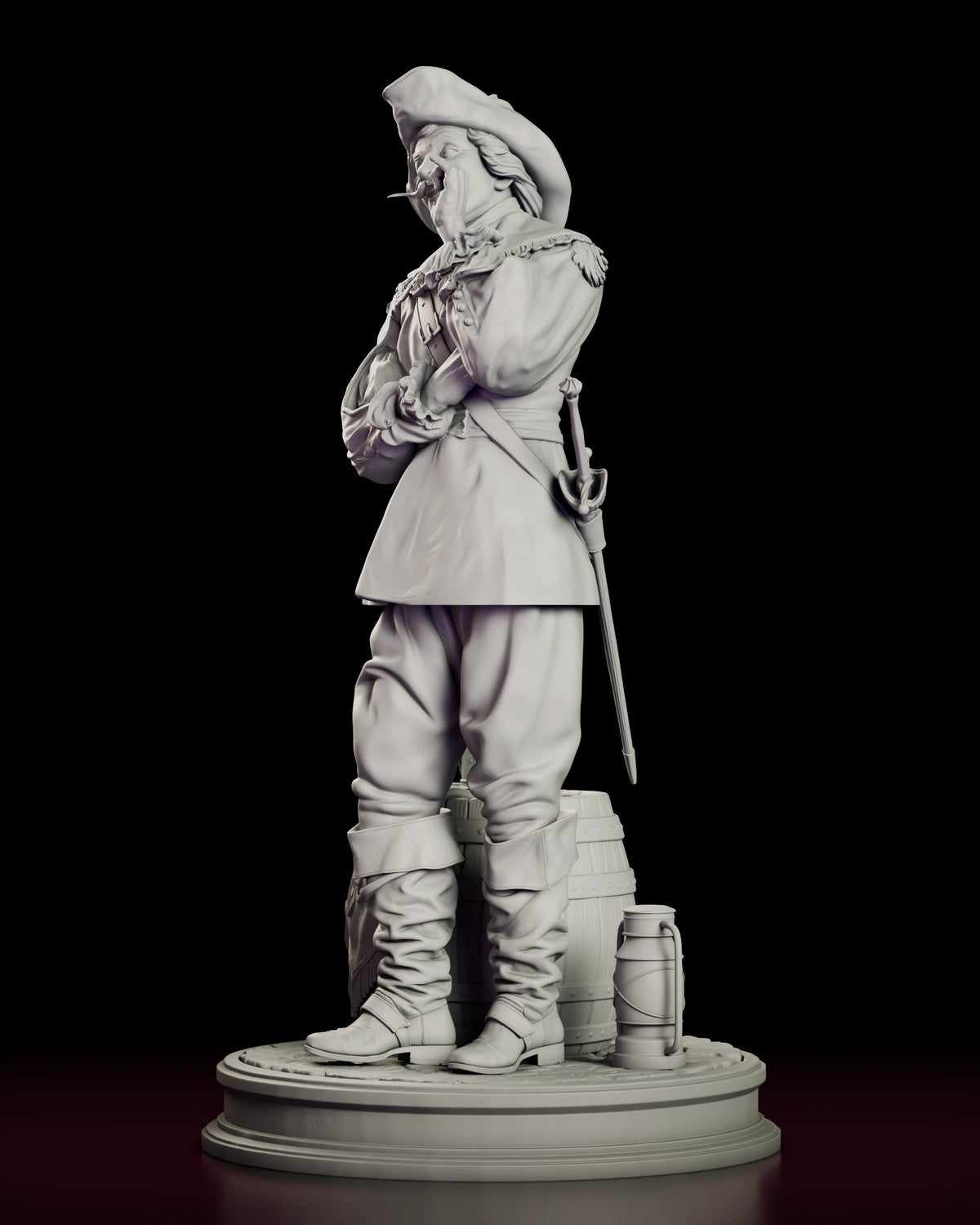 Left side view of the Musketeer resin model showing the sweep of the hat plume and the barrel with its tankard