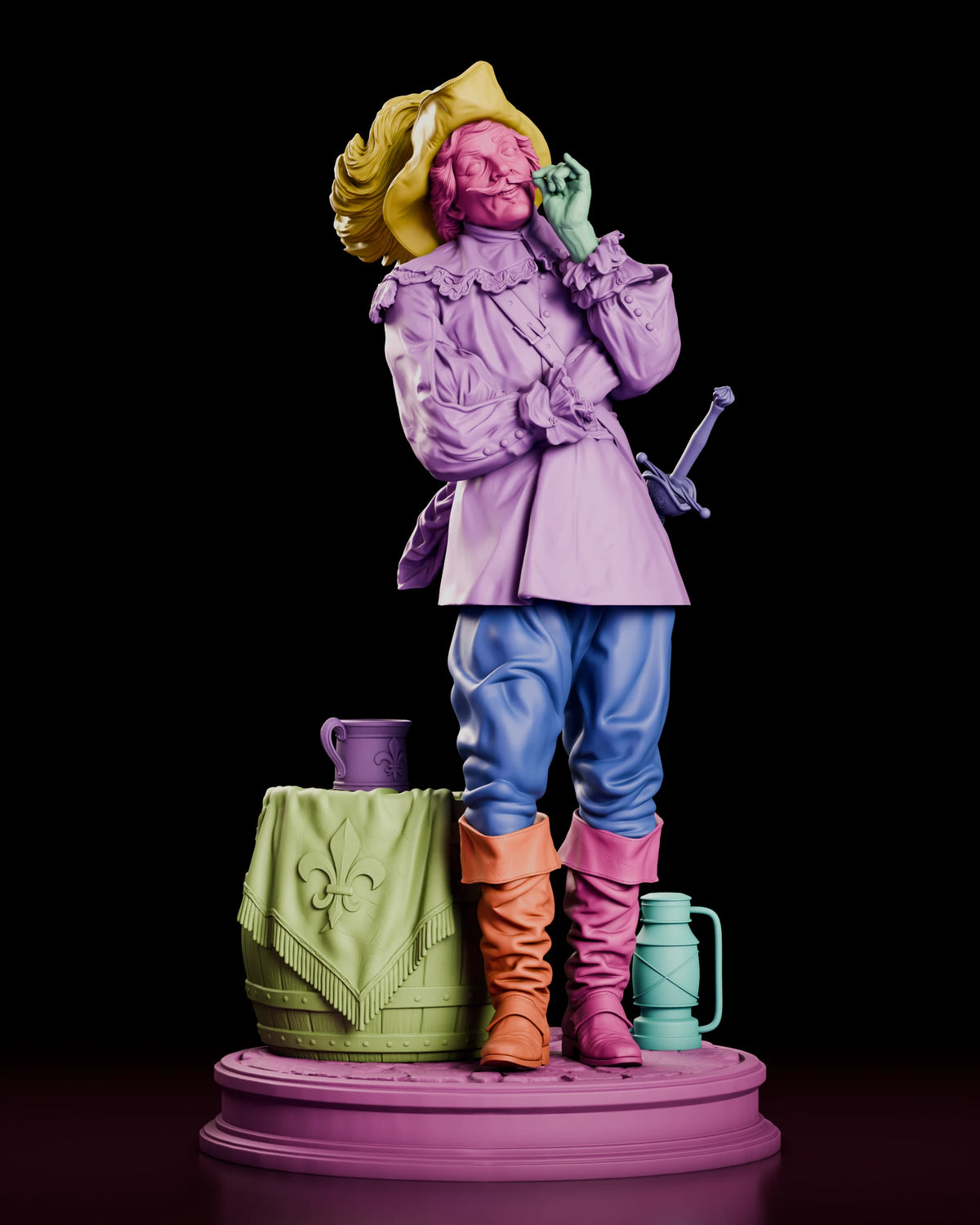 Parts breakdown of the Musketeer resin kit with the hat, head, body, hands, legs, boots, rapier, barrel, tankard, lantern and base in separate colours