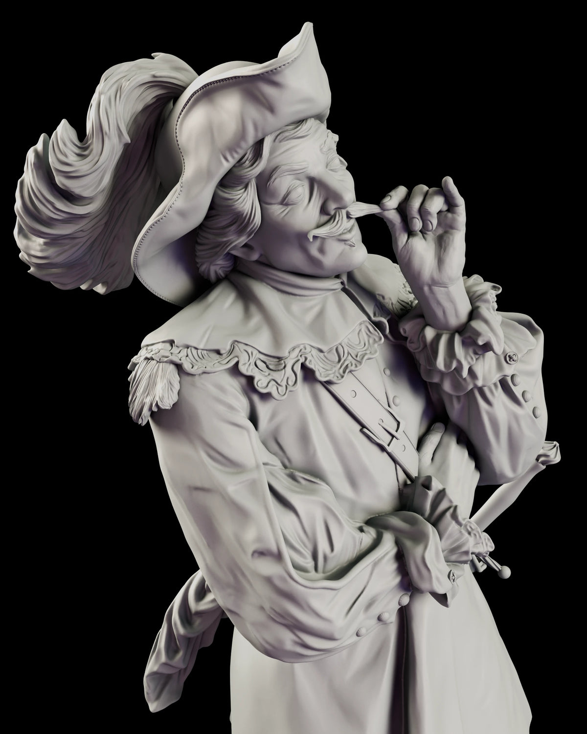 Detail of the Musketeer's plumed hat, lace collar, fringed epaulette and the ruffled cuff of the hand tucked at his waist