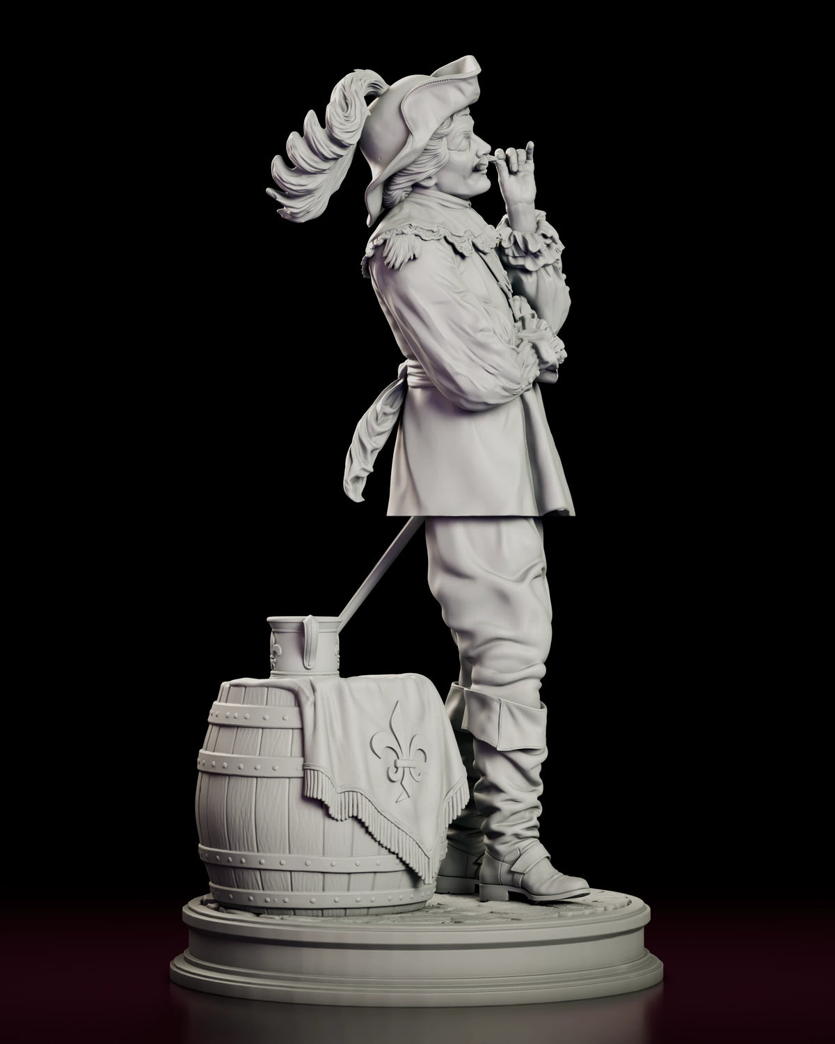 Right side view of the Musketeer resin model showing the rapier at his hip and the lantern at his feet