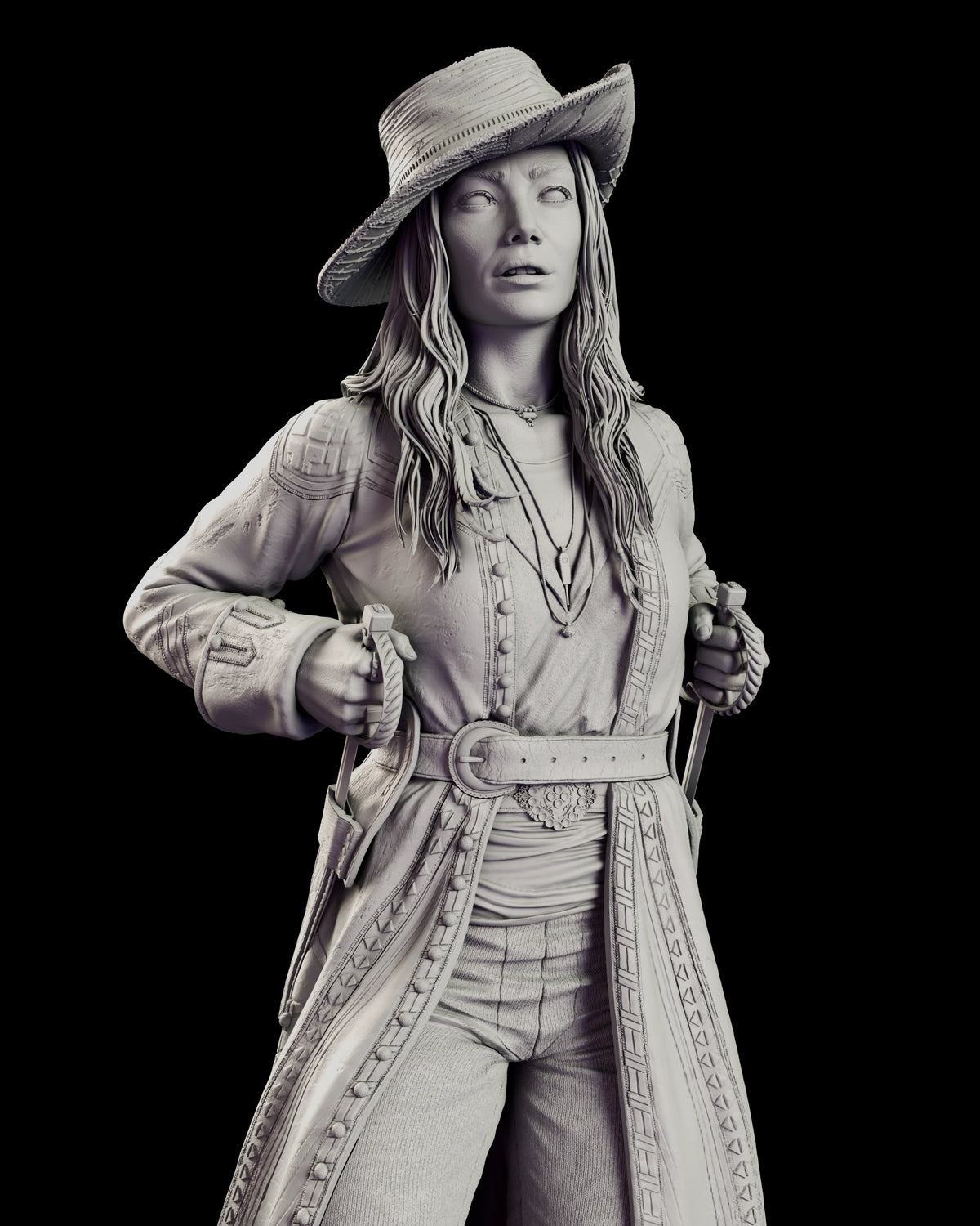 Detail of Anne Bonny gripping both sword hilts at her hips, showing the trimmed coat, belt buckle and layered necklaces