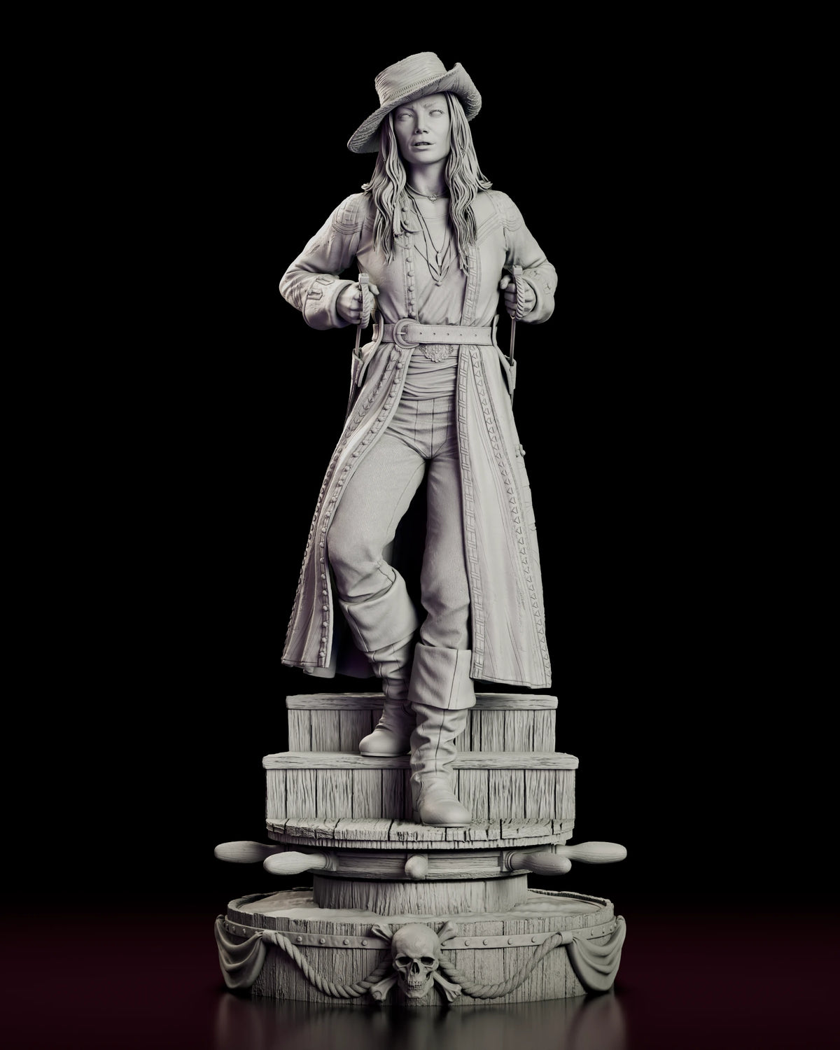 Front view of the Anne Bonny figure model kit in long coat and tall boots stepping down the deck planking