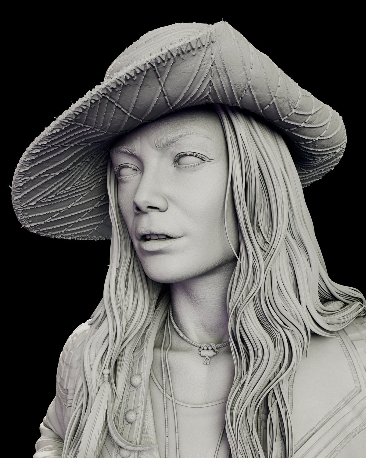 Portrait of Anne Bonny under the wide-brimmed straw hat with long loose hair and lips parted