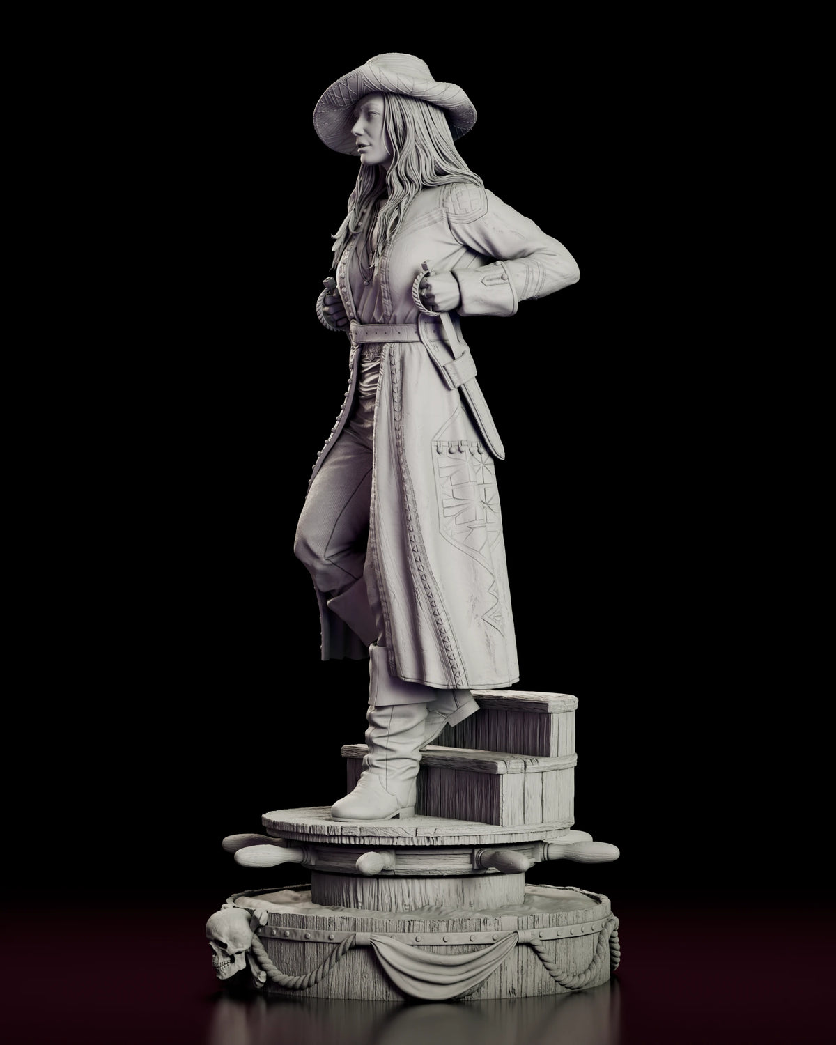 Left side view of the Anne Bonny resin model showing the open coat, cuffed boot and rope-dressed barrel base
