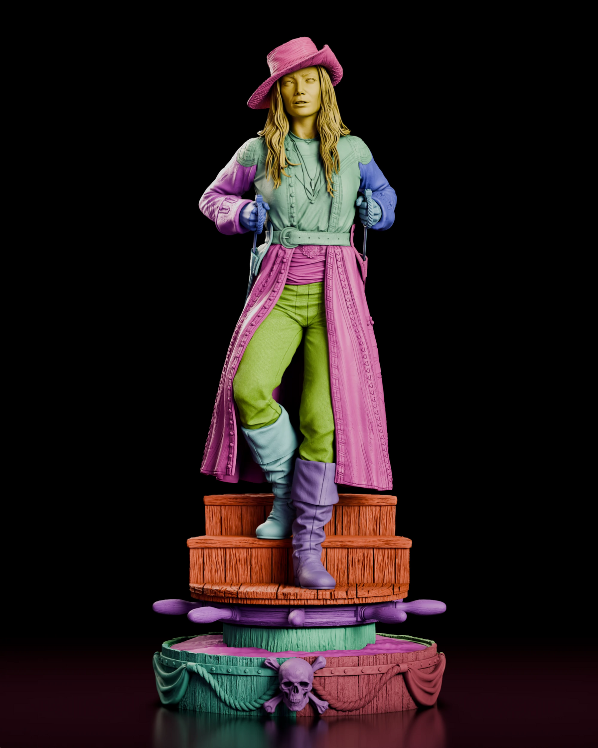 Parts breakdown of the Anne Bonny resin kit with the portraits, body, arms, swords, deck platform, wheel and barrel base in separate colours